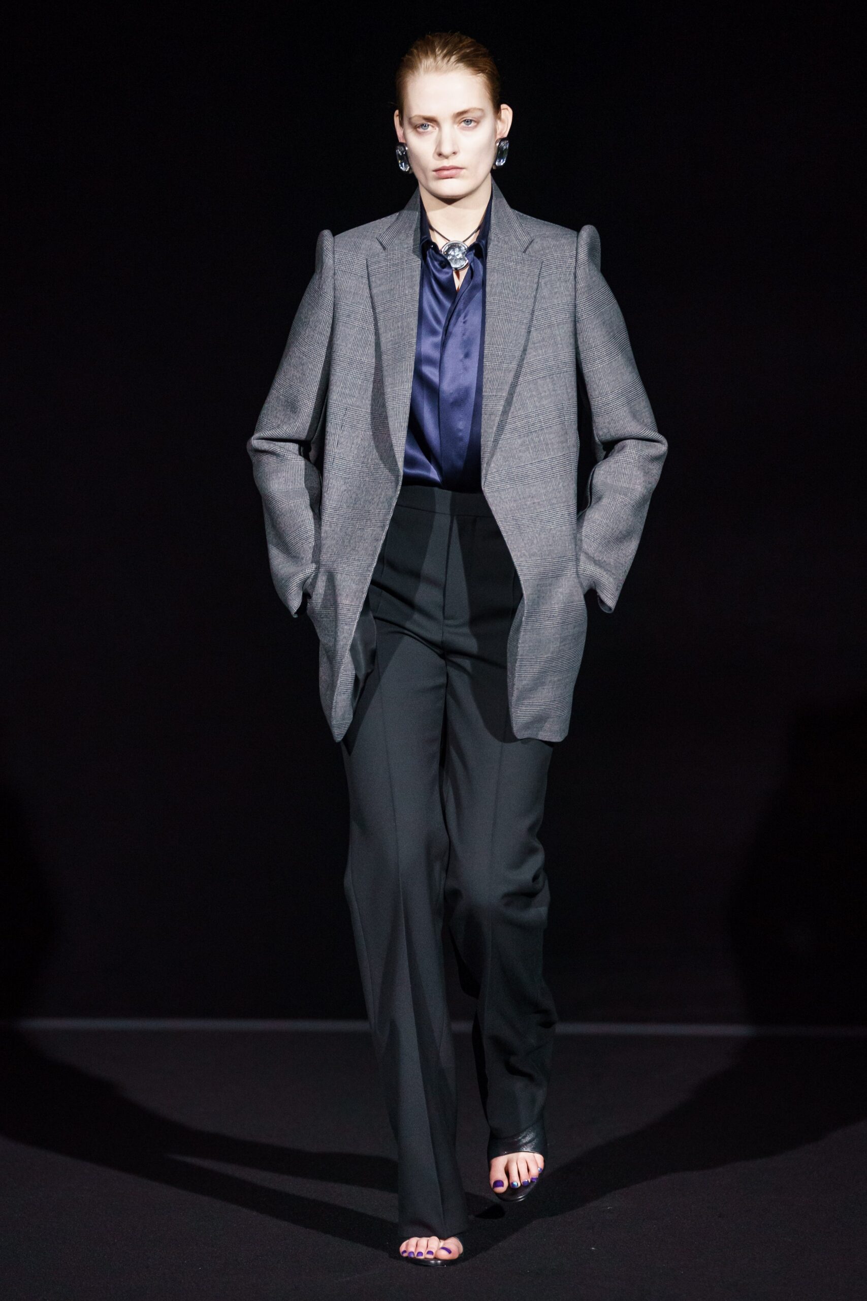 gray wool blazer with black pants