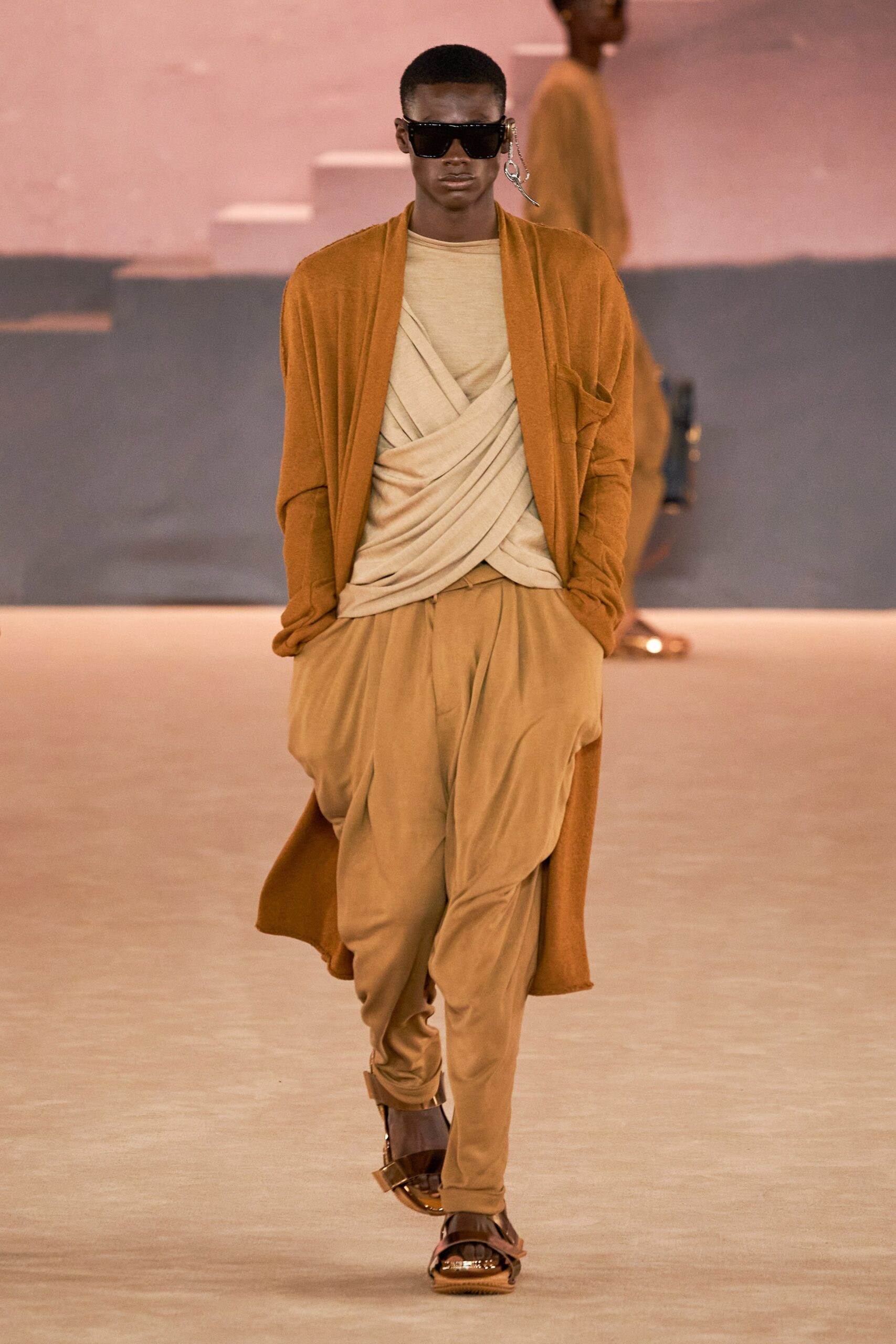 brown cotton long-sleeve relaxed draped cardigan