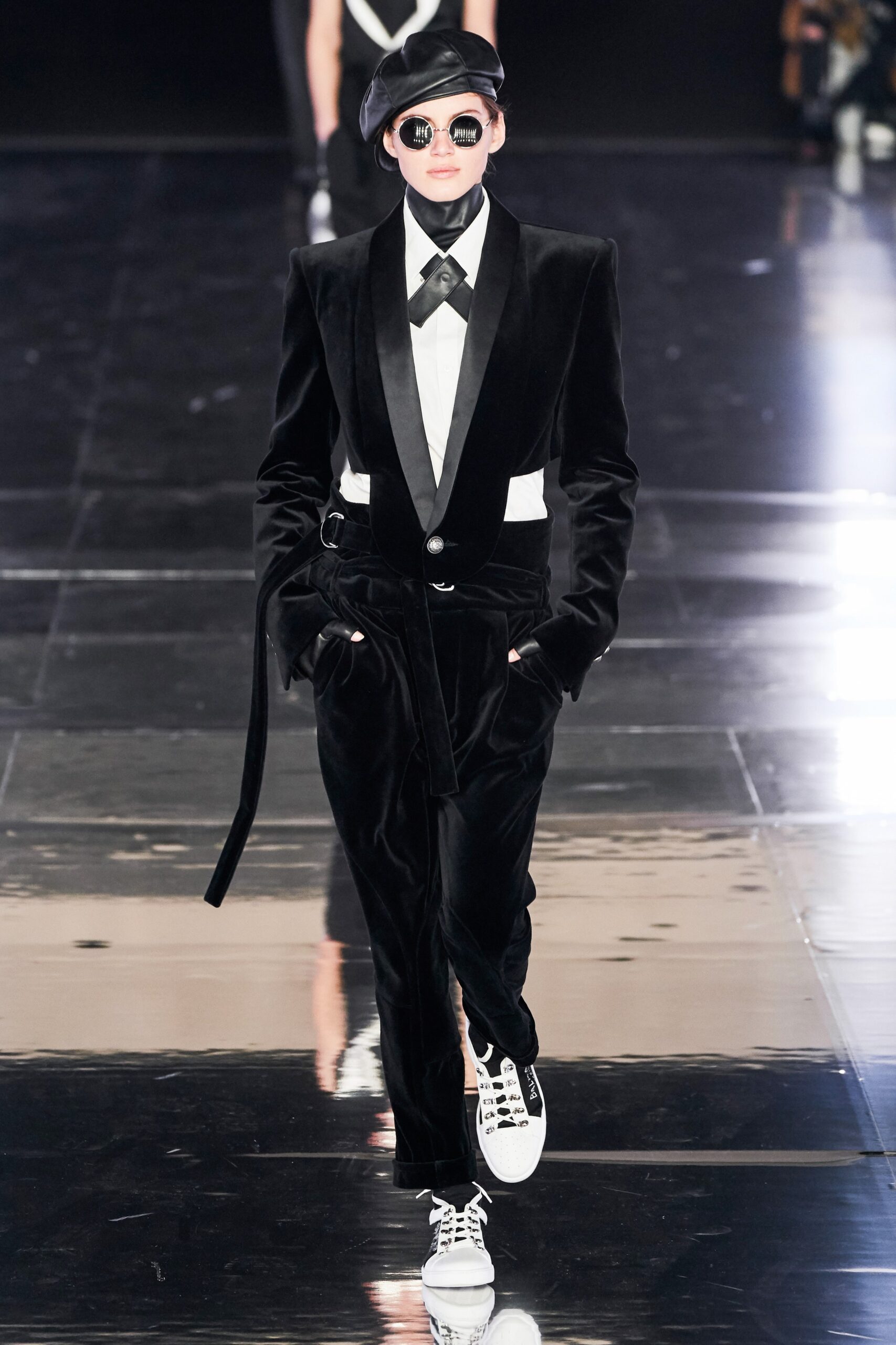 black velvet long-sleeve collared tailored buttoned belted suit