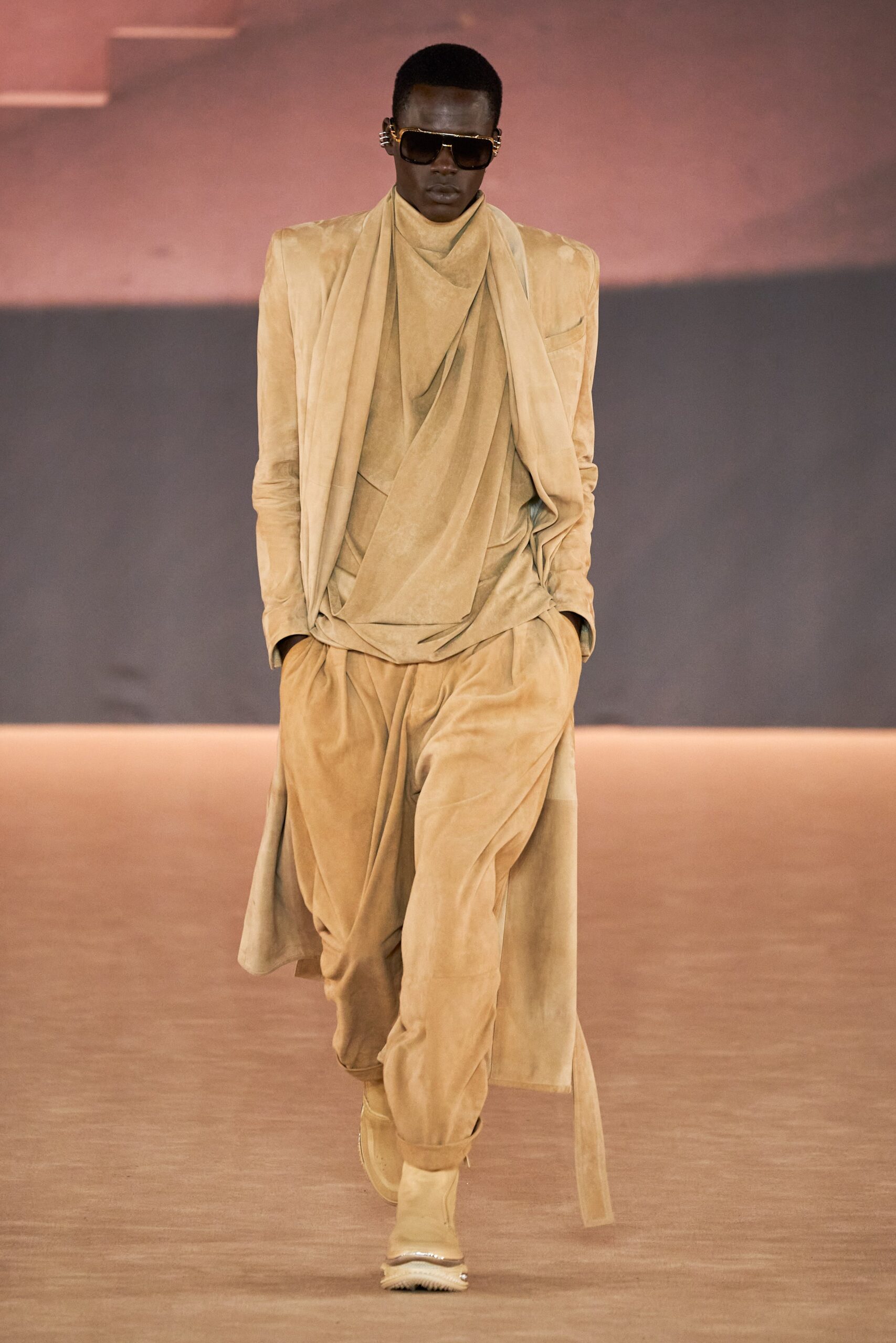 beige suede long-sleeve collared relaxed draped coat