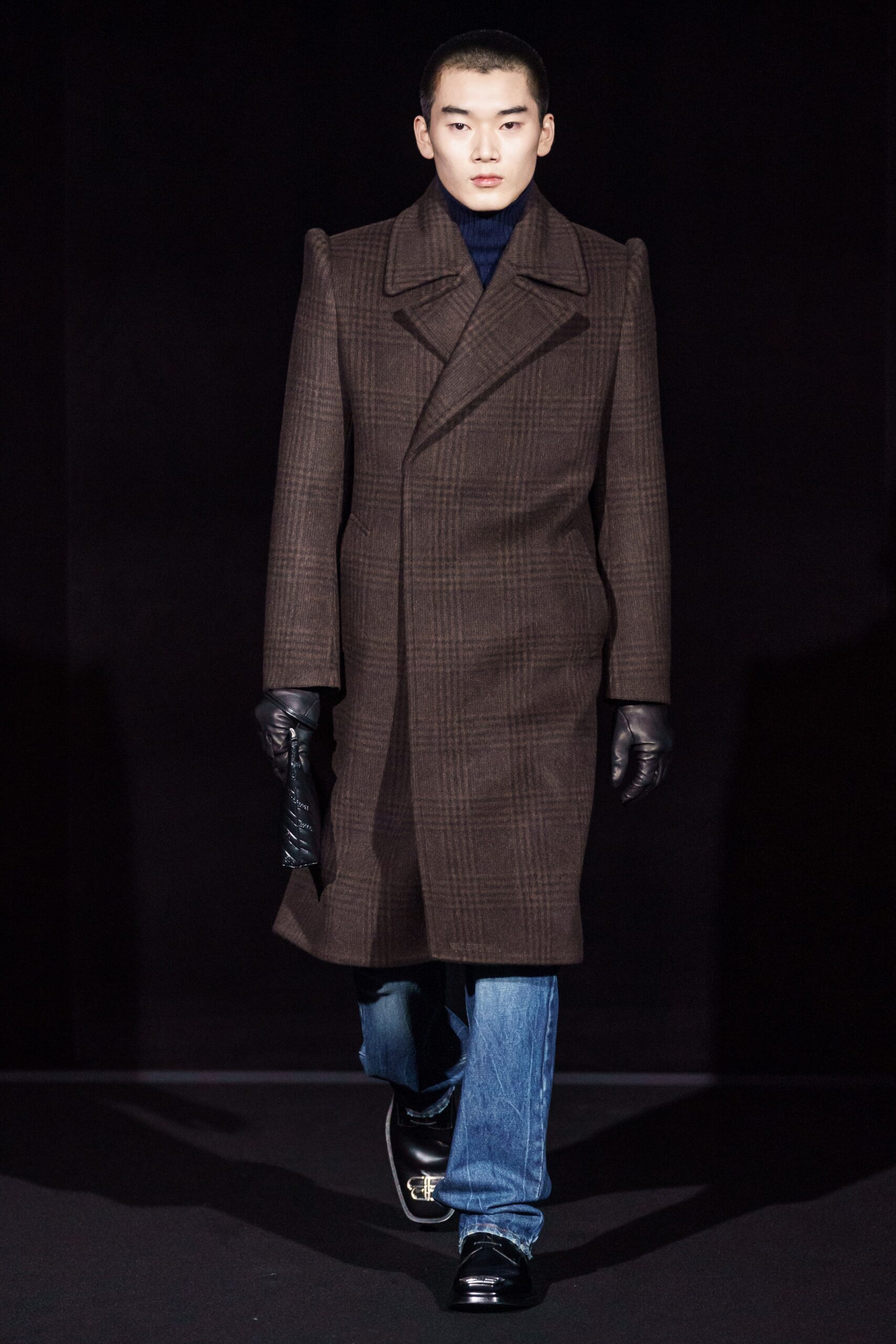 brown wool long-sleeve collared structured checked coat