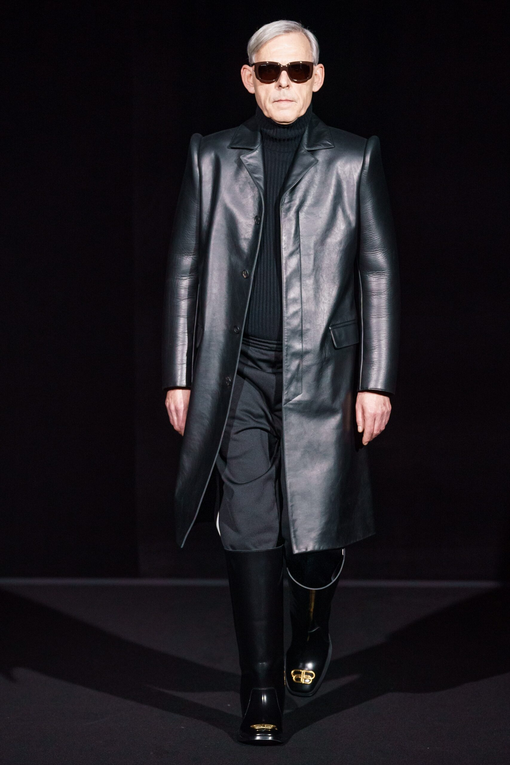 black leather coat with turtleneck