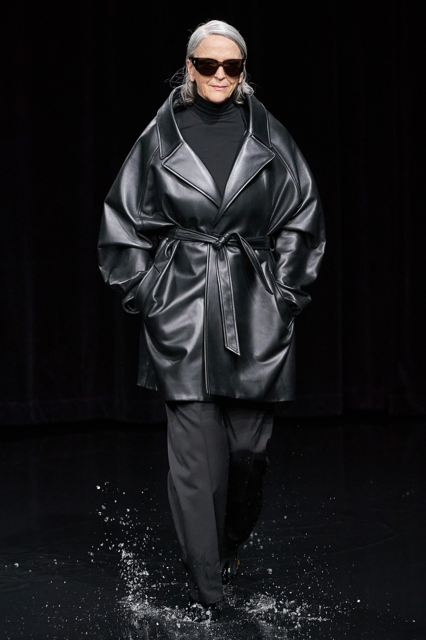 black leather long-sleeve collared oversized belted coat