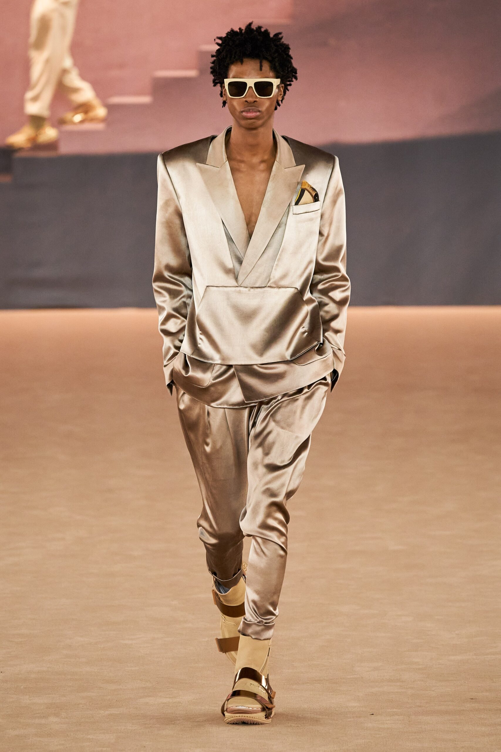 beige satin fitted suit