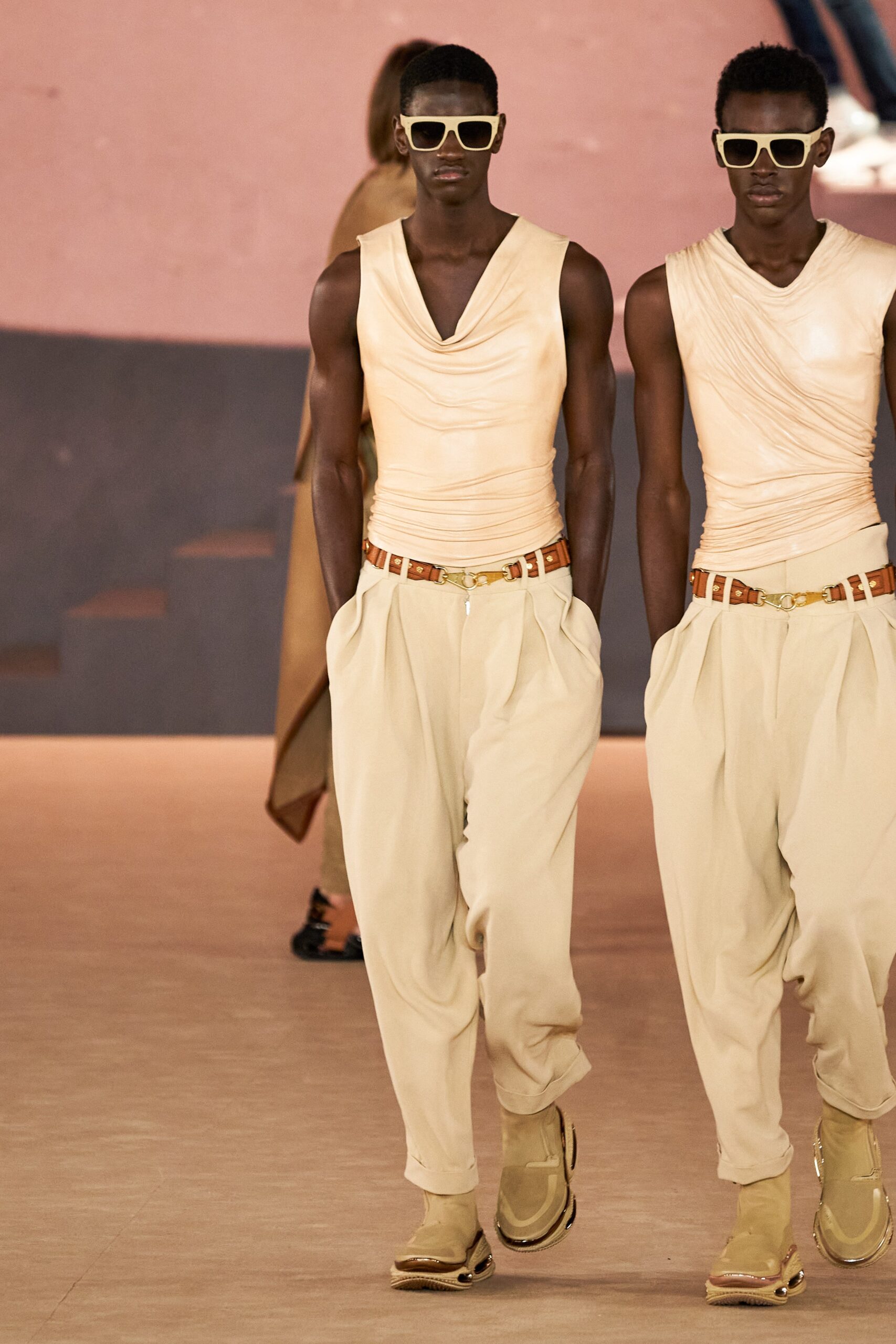 beige fitted top with relaxed pants