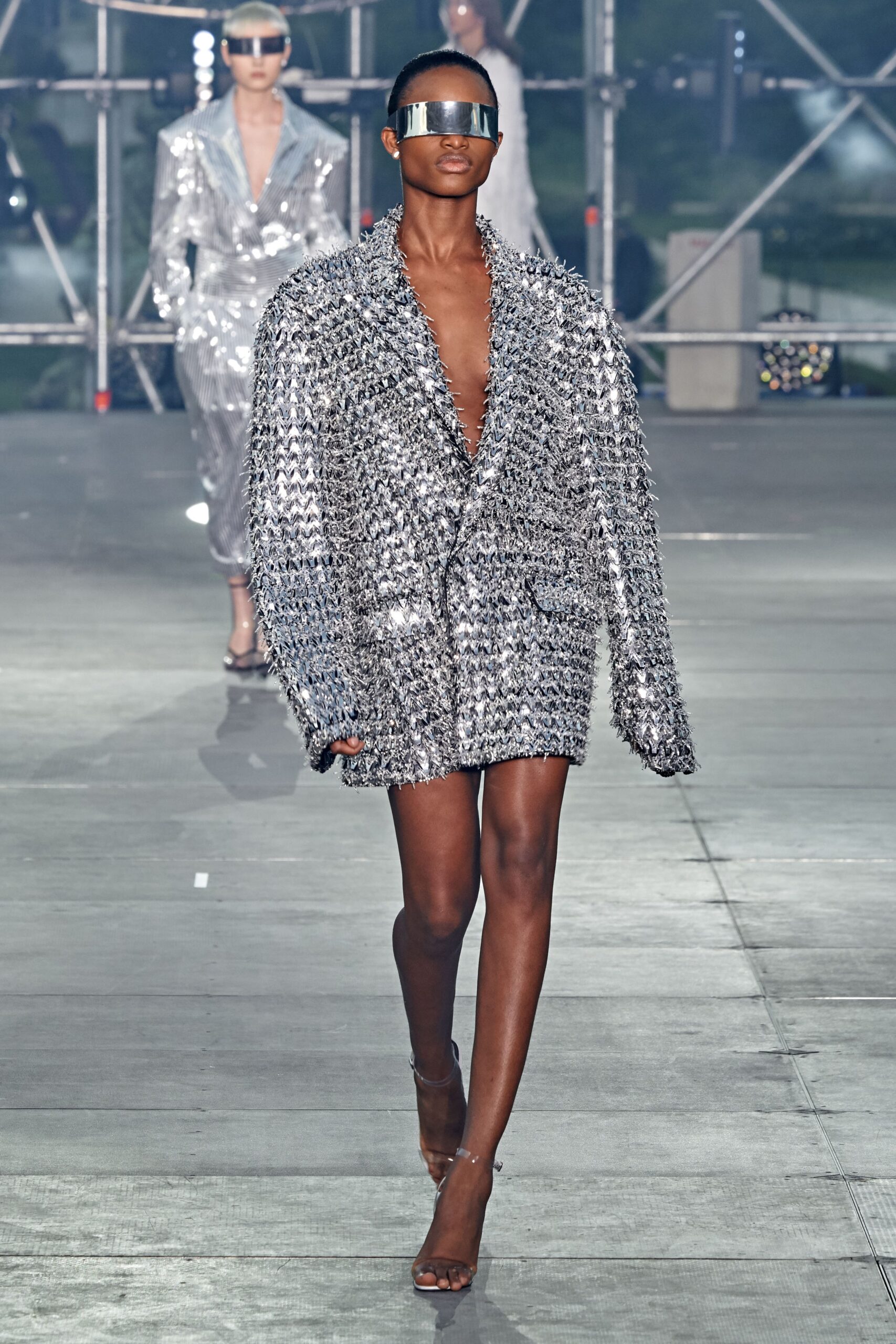 gray metallic long-sleeve collared oversized layered shiny blazer