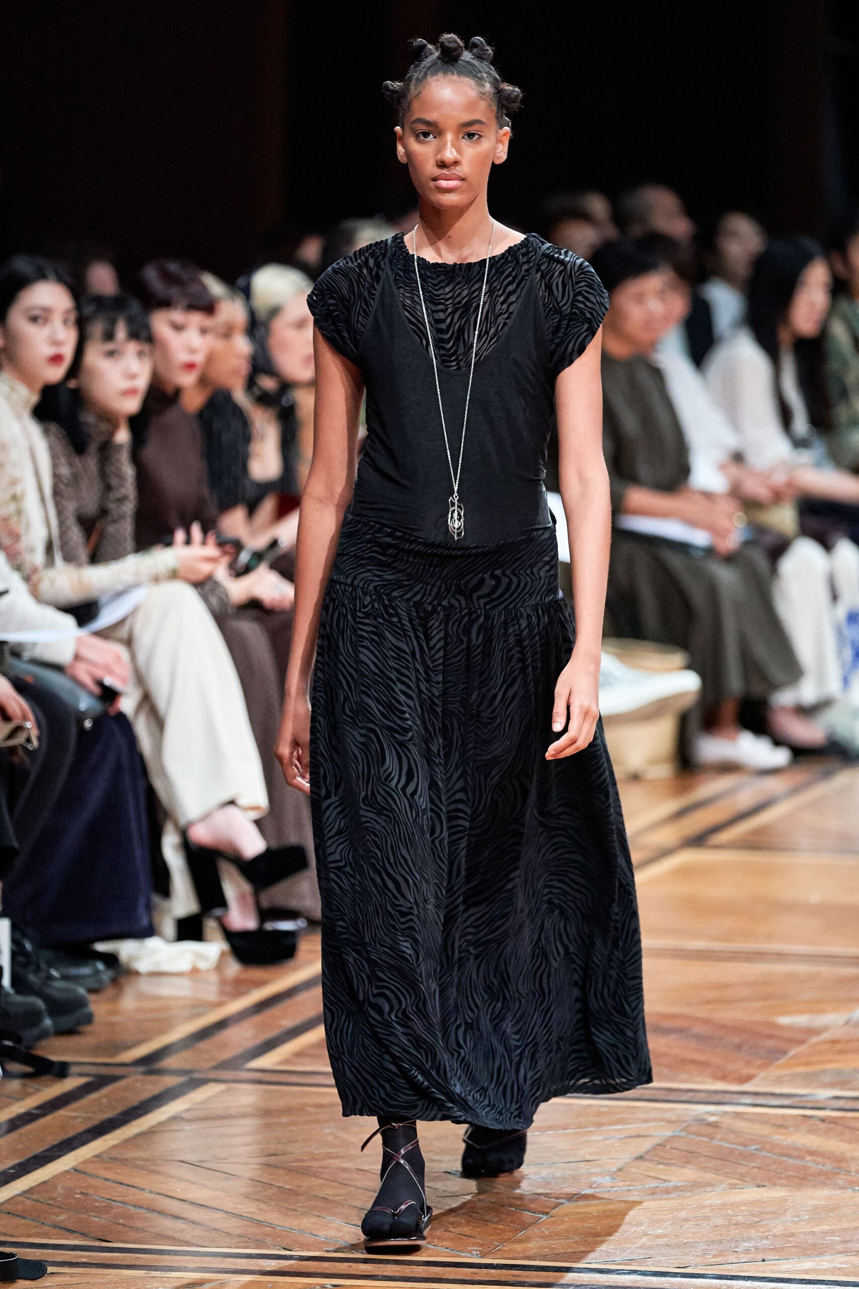 black unknown short-sleeve scoop-neck animal-print tiered maxi-dress