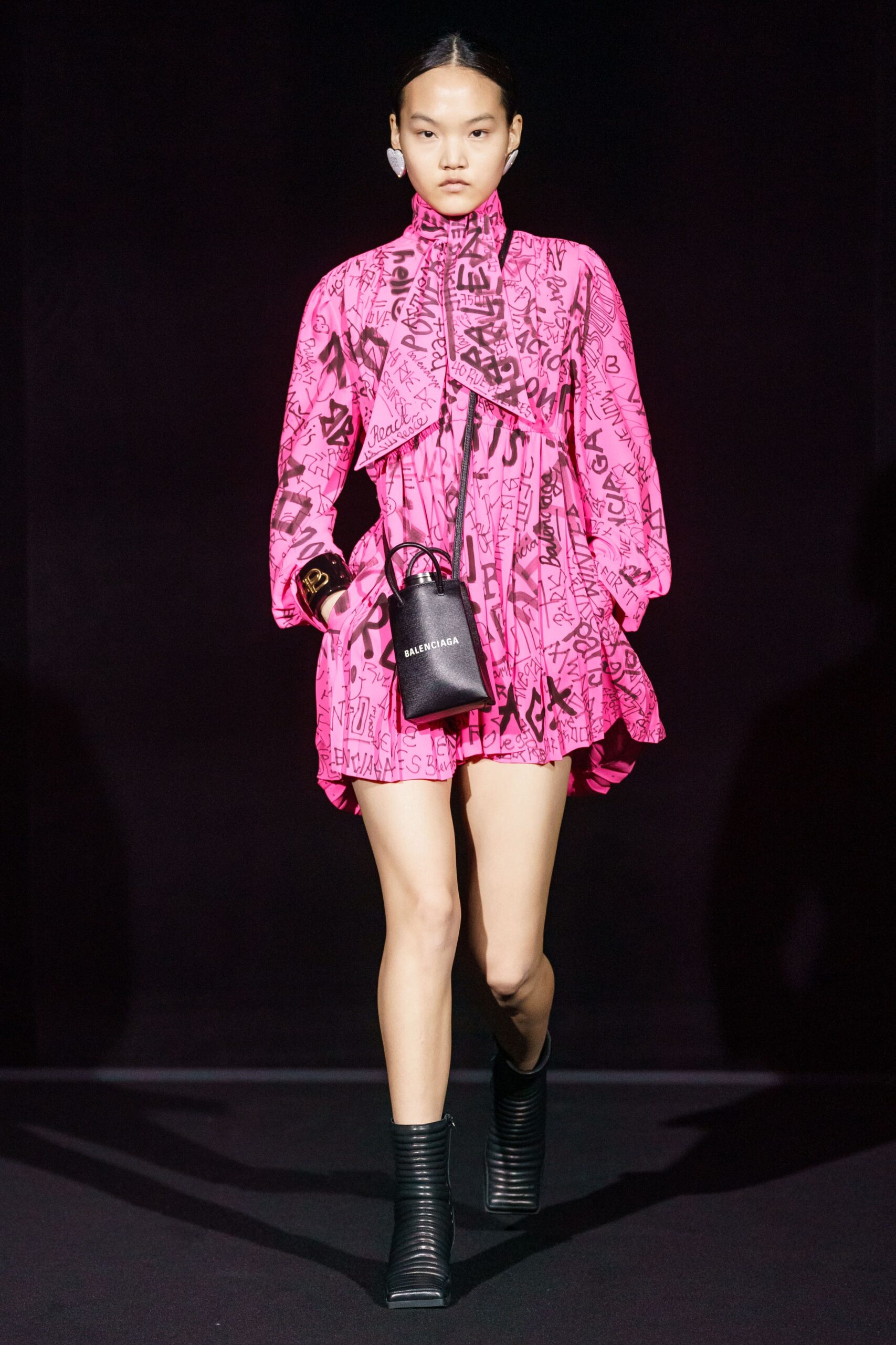 pink cotton long-sleeve collared relaxed pleated mini dress