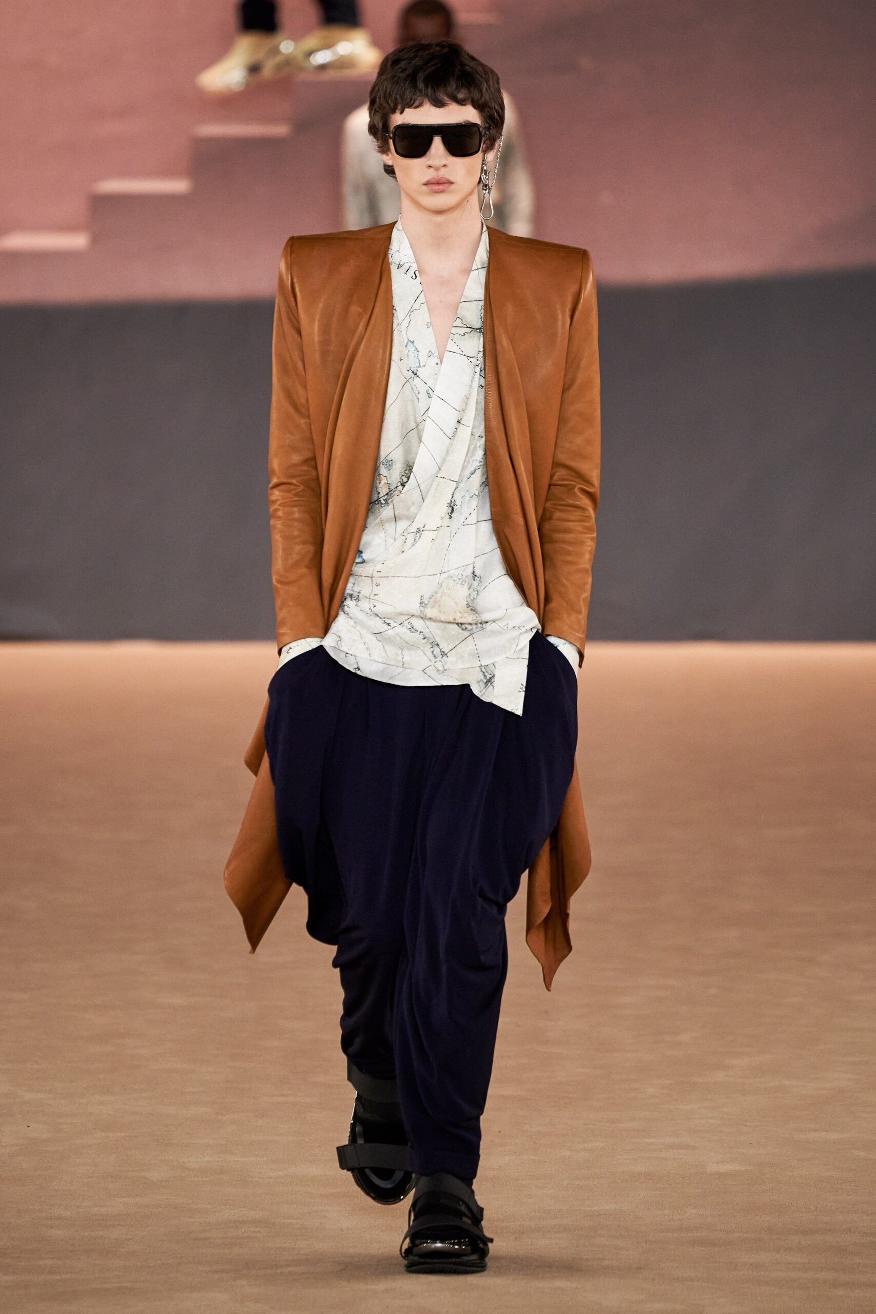 brown leather long-sleeve collared relaxed draped coat