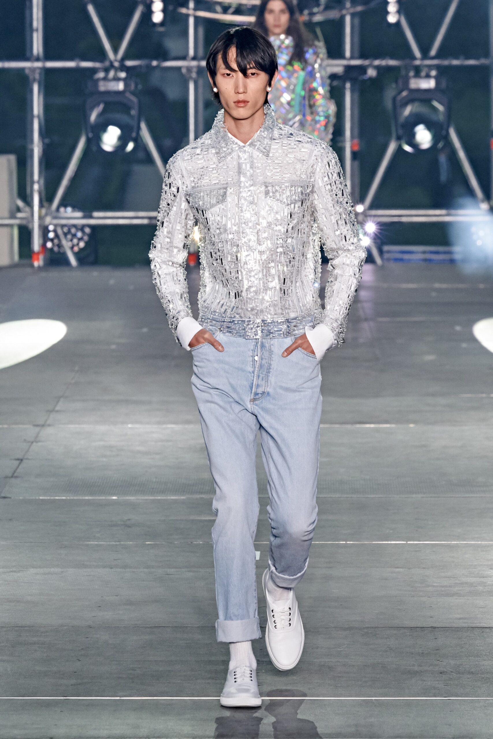 fitted metallic shirt with relaxed denim pants