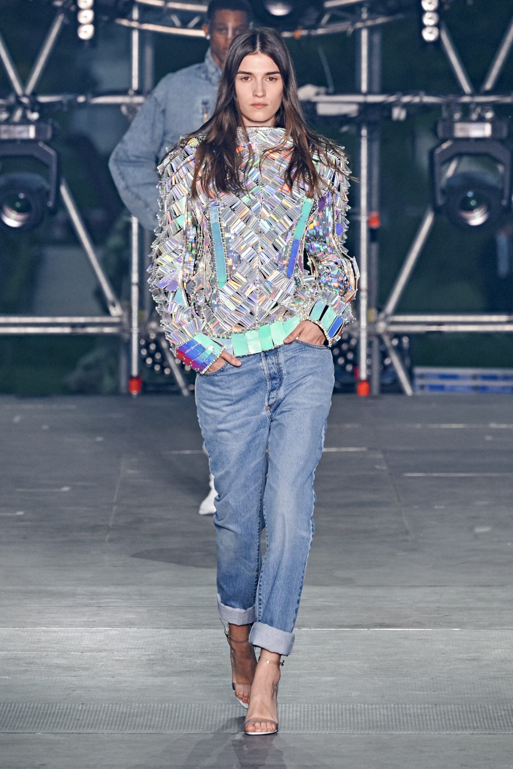 multi-colored fringed top with denim pants