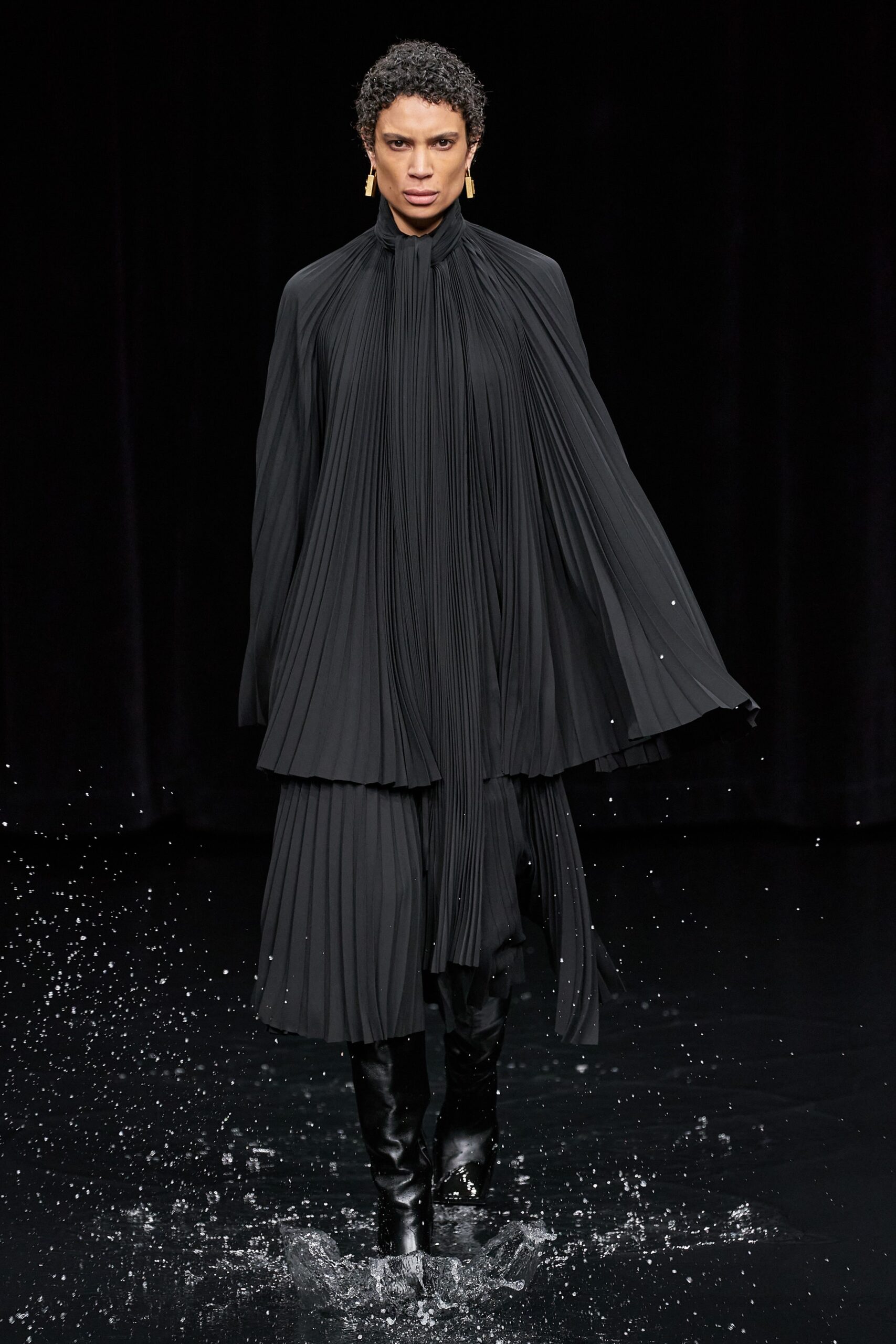 black silk long-sleeve high-neck fitted pleated draped dress