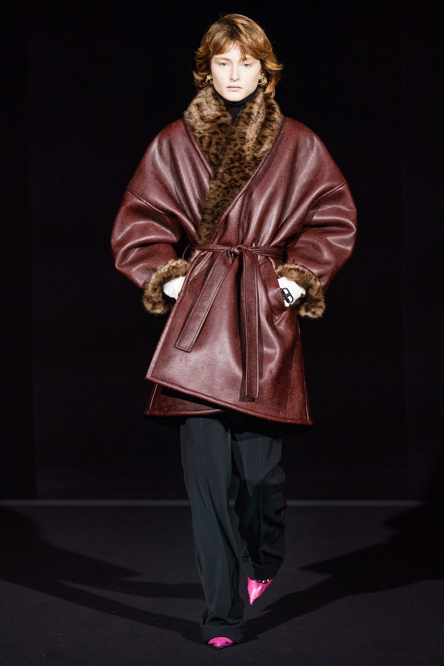 brown leather long-sleeve collared relaxed belted coat