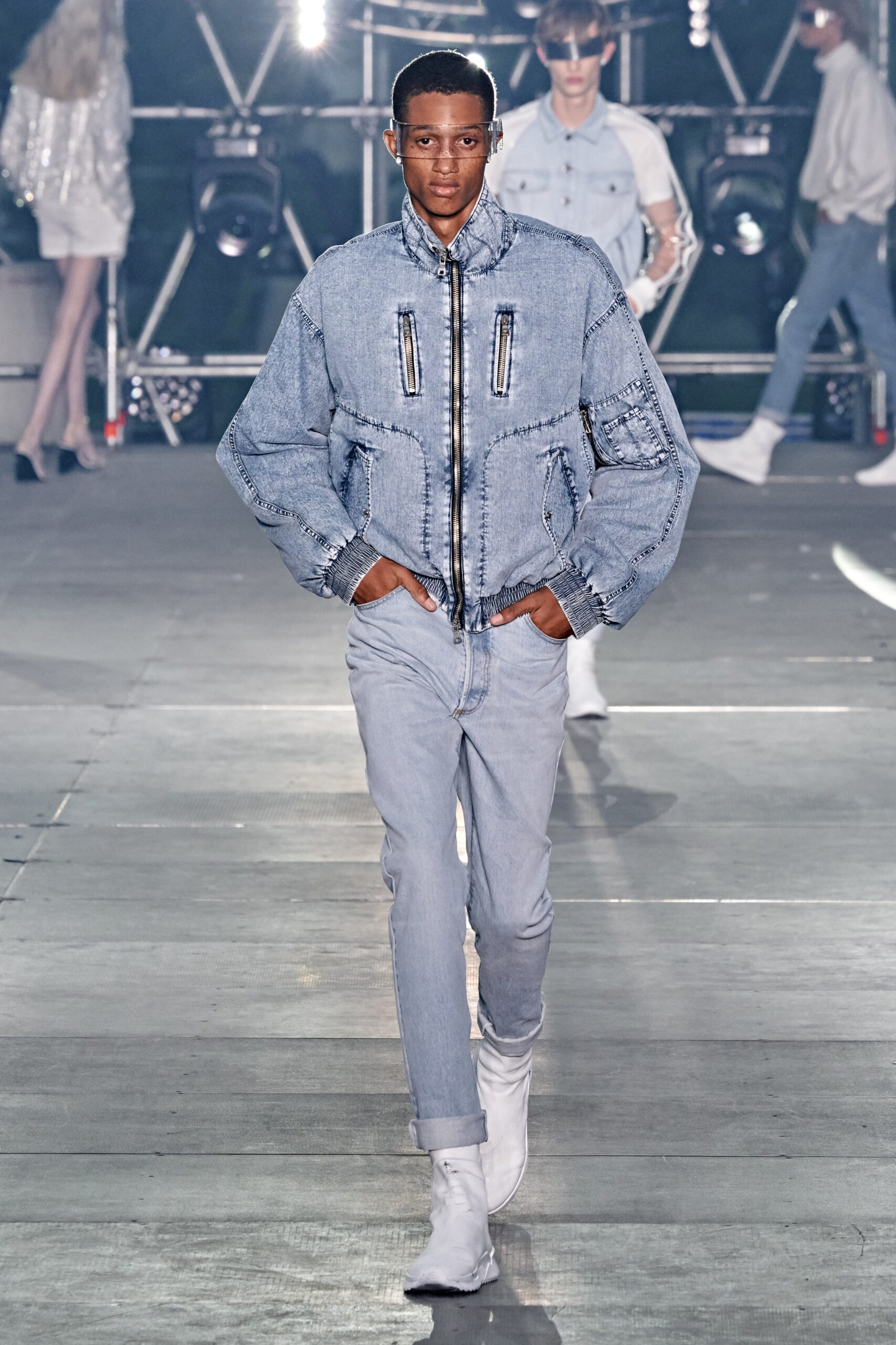 relaxed denim jacket with slim pants