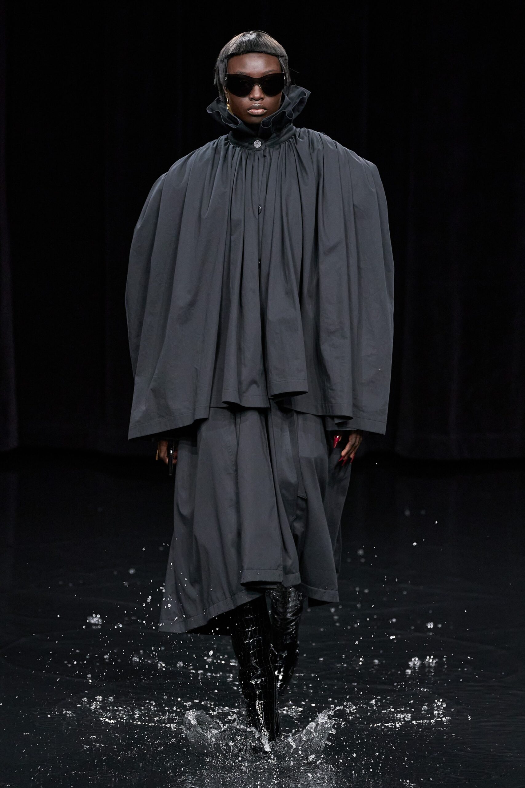black cotton long-sleeve high-neck oversized draped cape