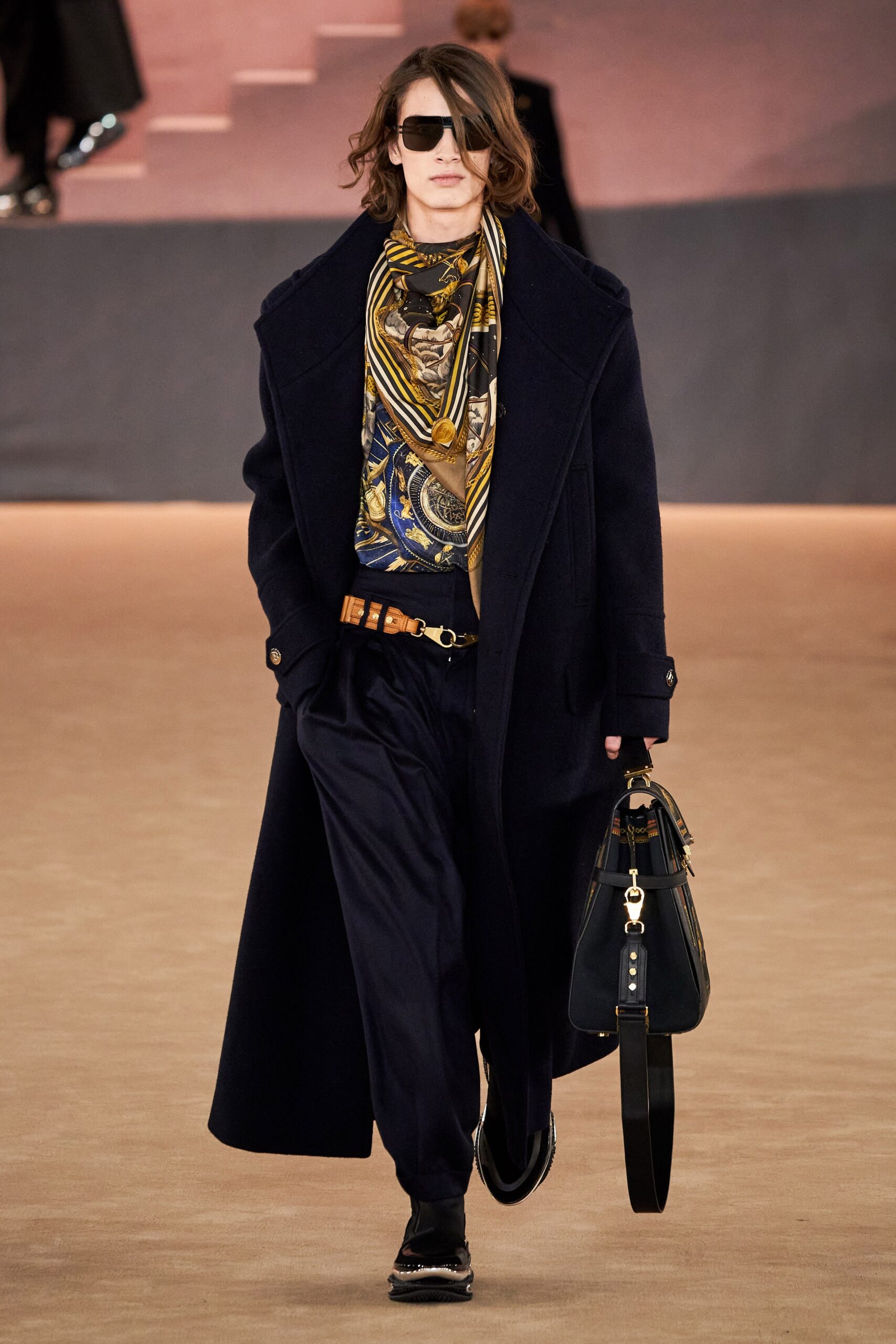 navy wool coat with printed shirt