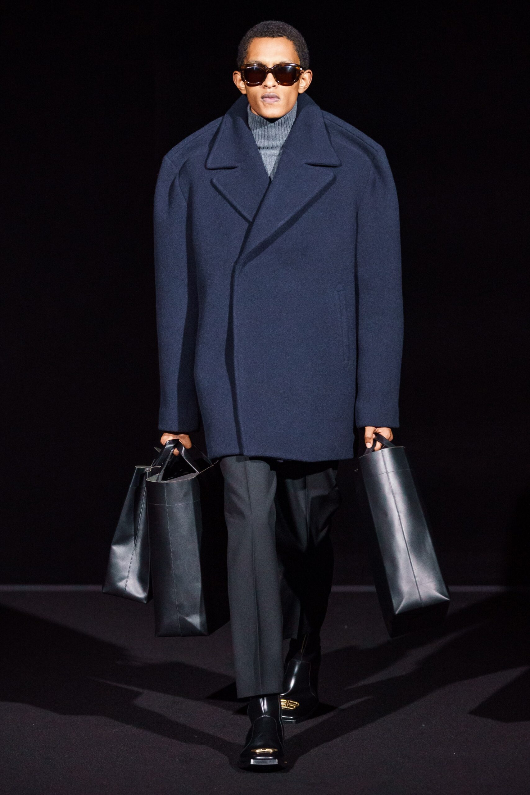 blue wool long-sleeve collared oversized structured coat