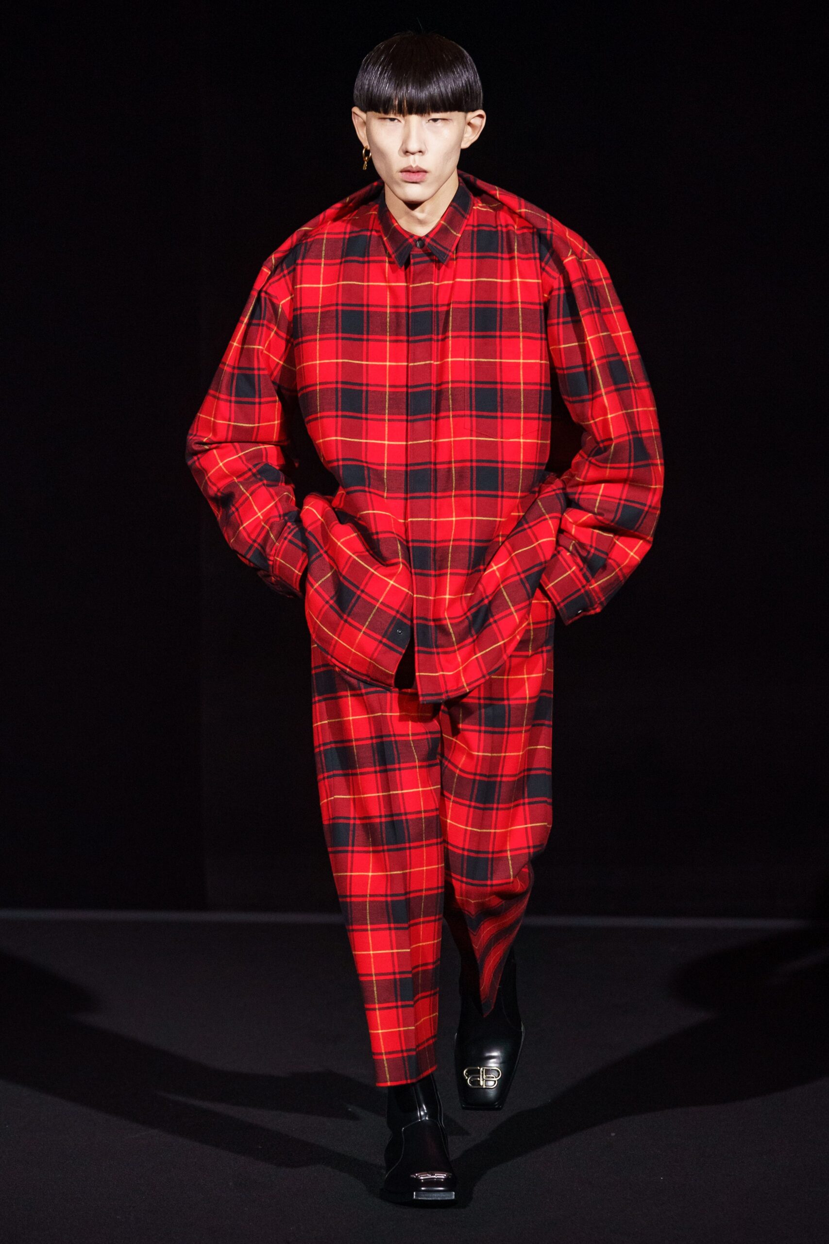 oversized red plaid shirt and pants