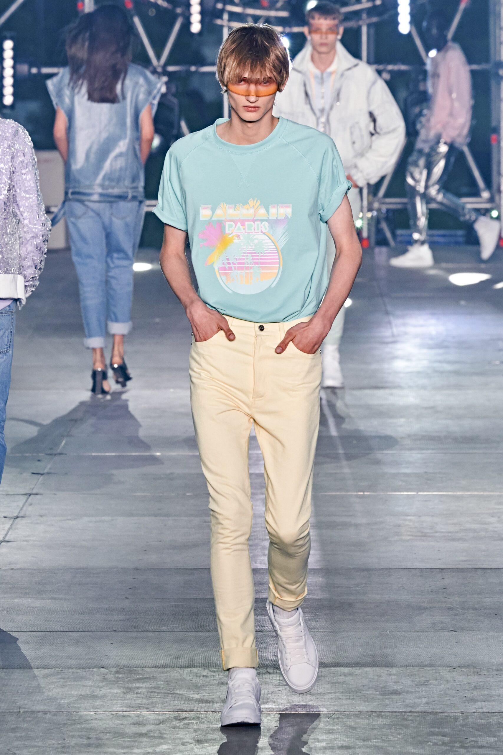 light blue printed t-shirt with yellow pants