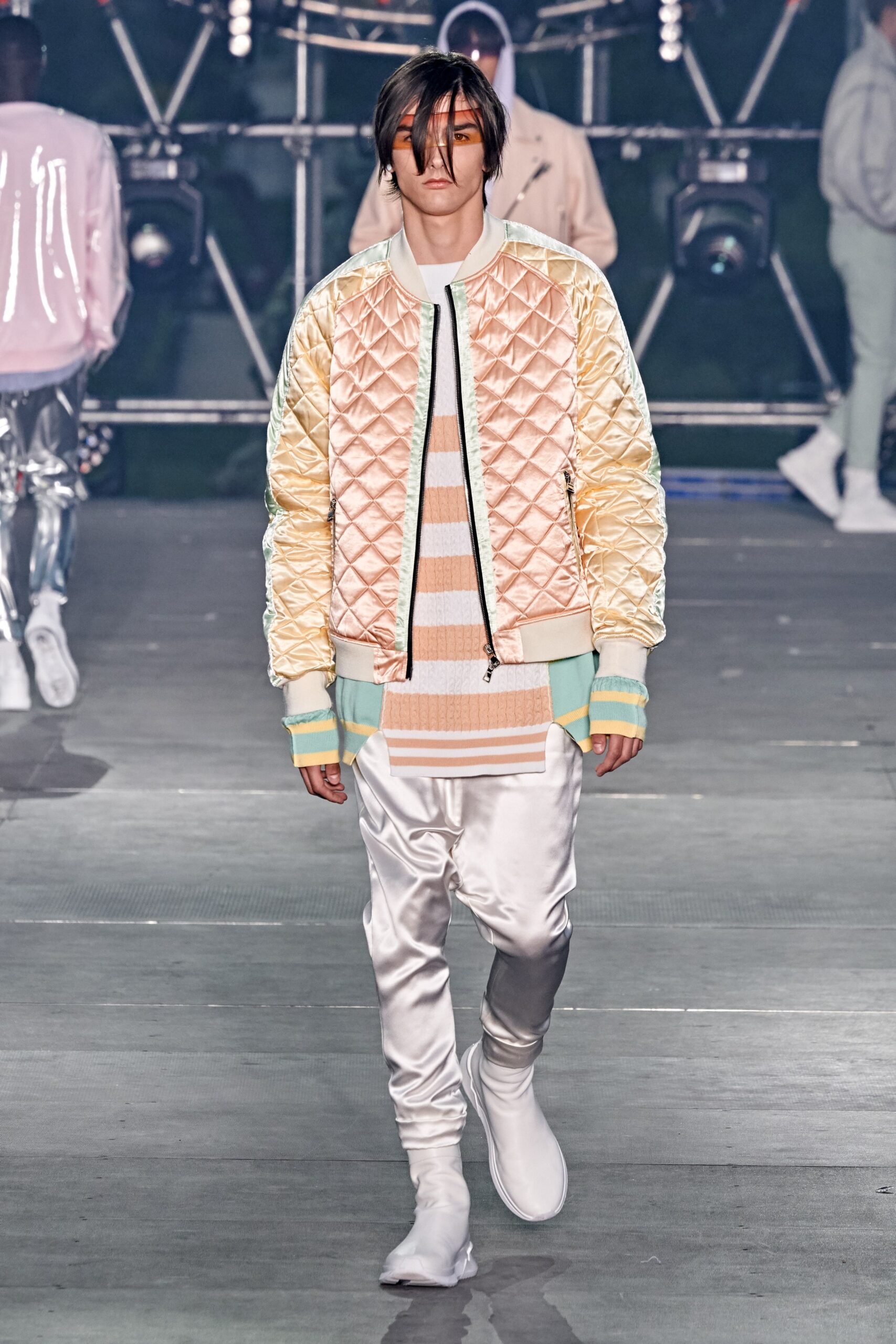 yellow silk long-sleeve collared fitted quilted jacket