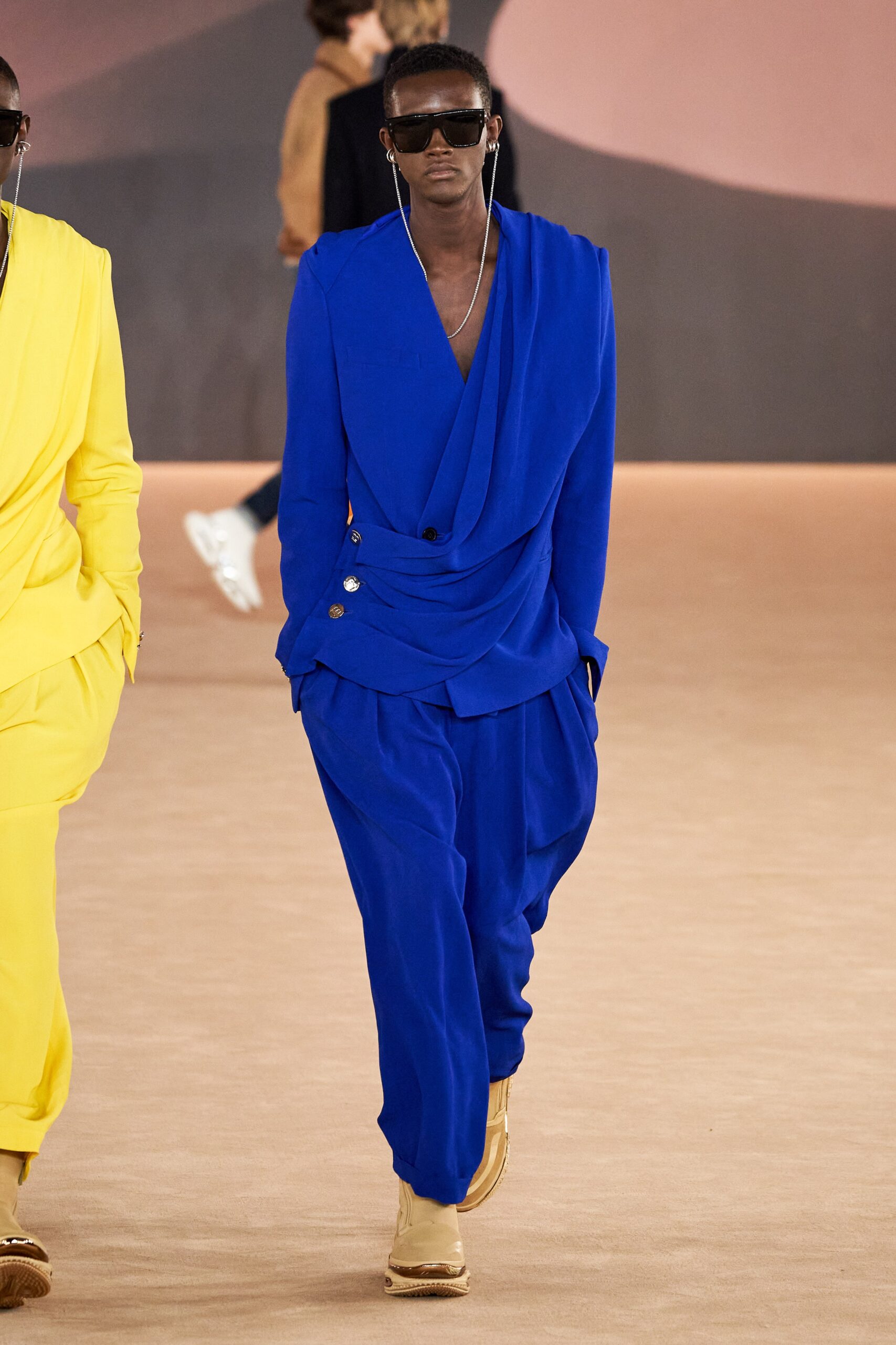 blue silk long-sleeve v-neck relaxed draped buttoned suit