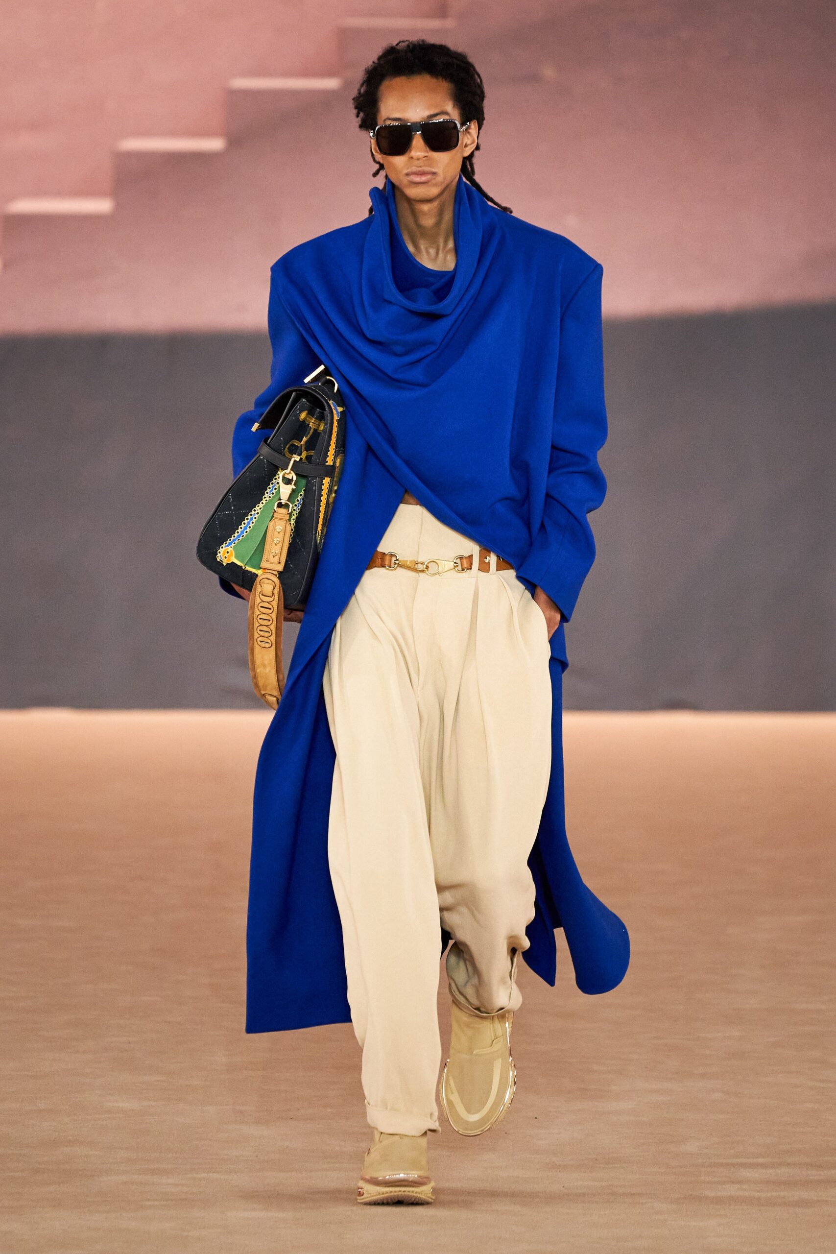 blue wool long-sleeve collared relaxed draped coat