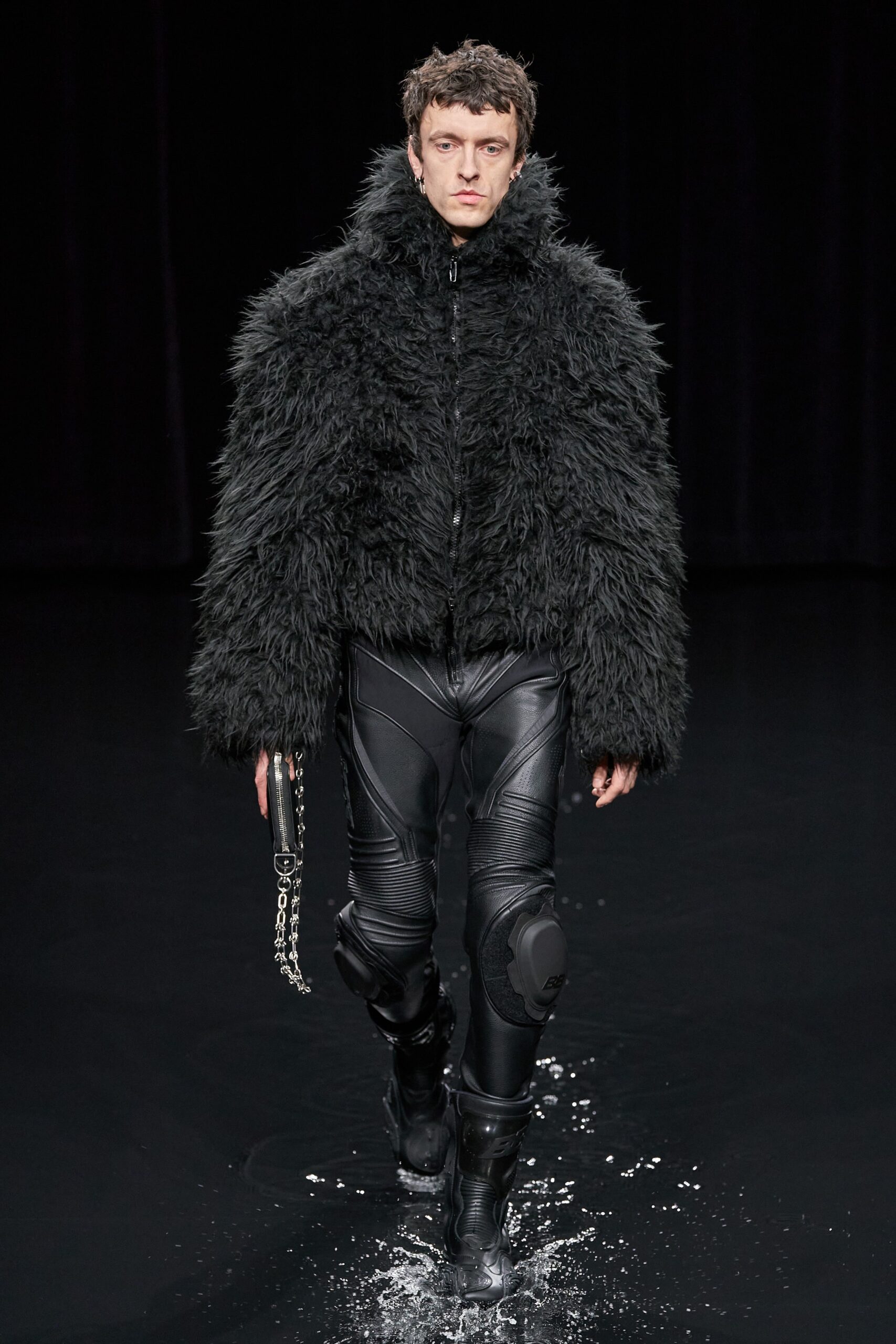 black faux-fur long-sleeve collared oversized zippered jacket