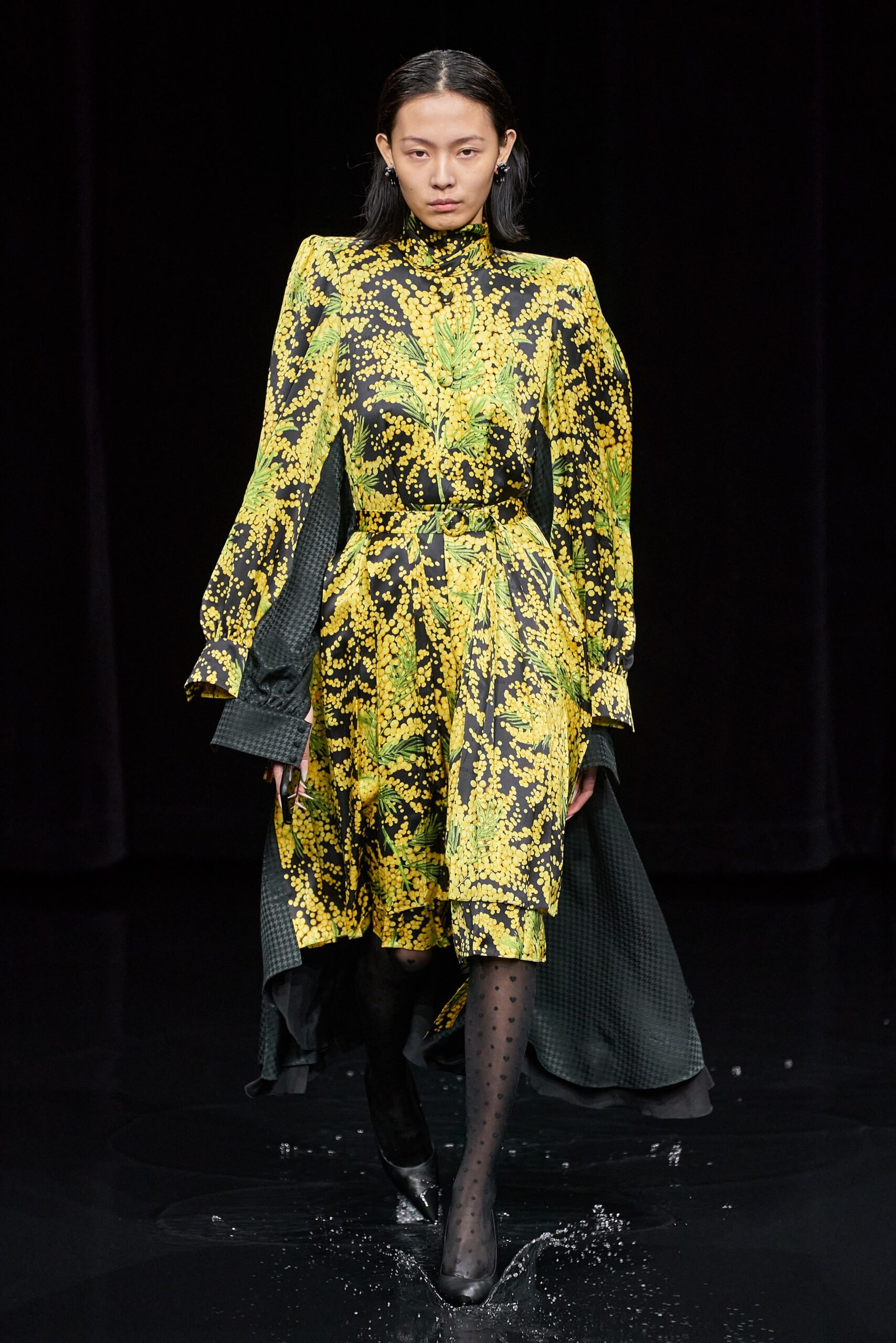 yellow green black printed midi dress