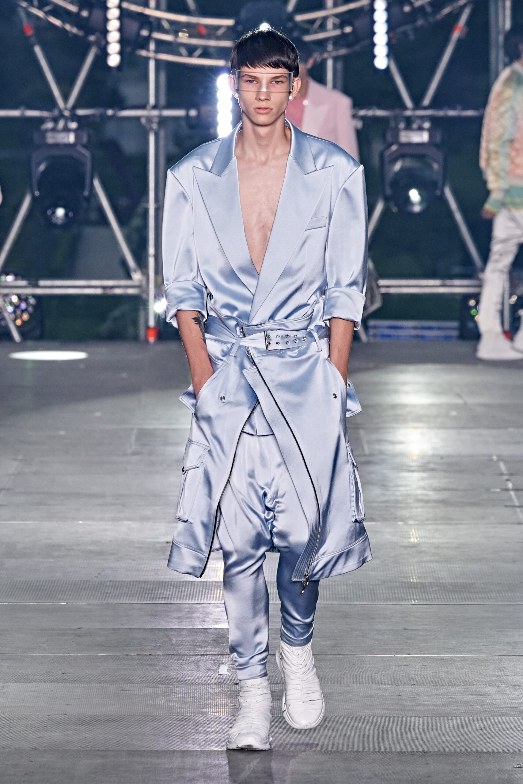 blue satin long-sleeve v-neck relaxed zippered belted jacket