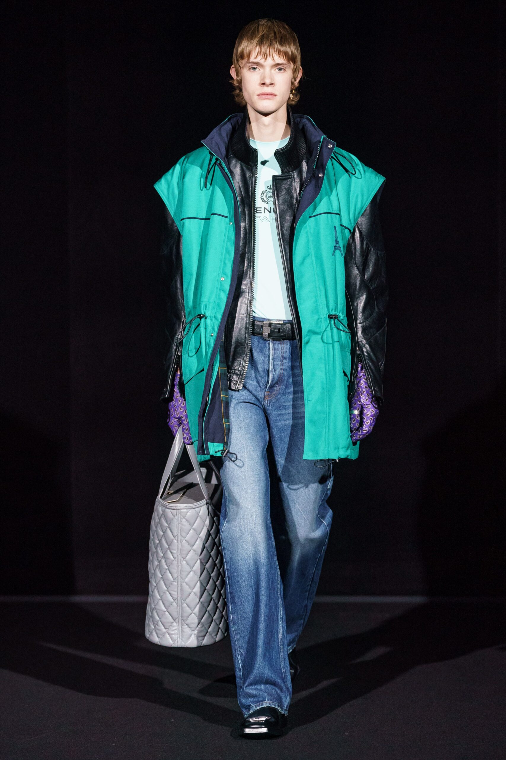 green cotton long-sleeve collared oversized zippered layered jacket