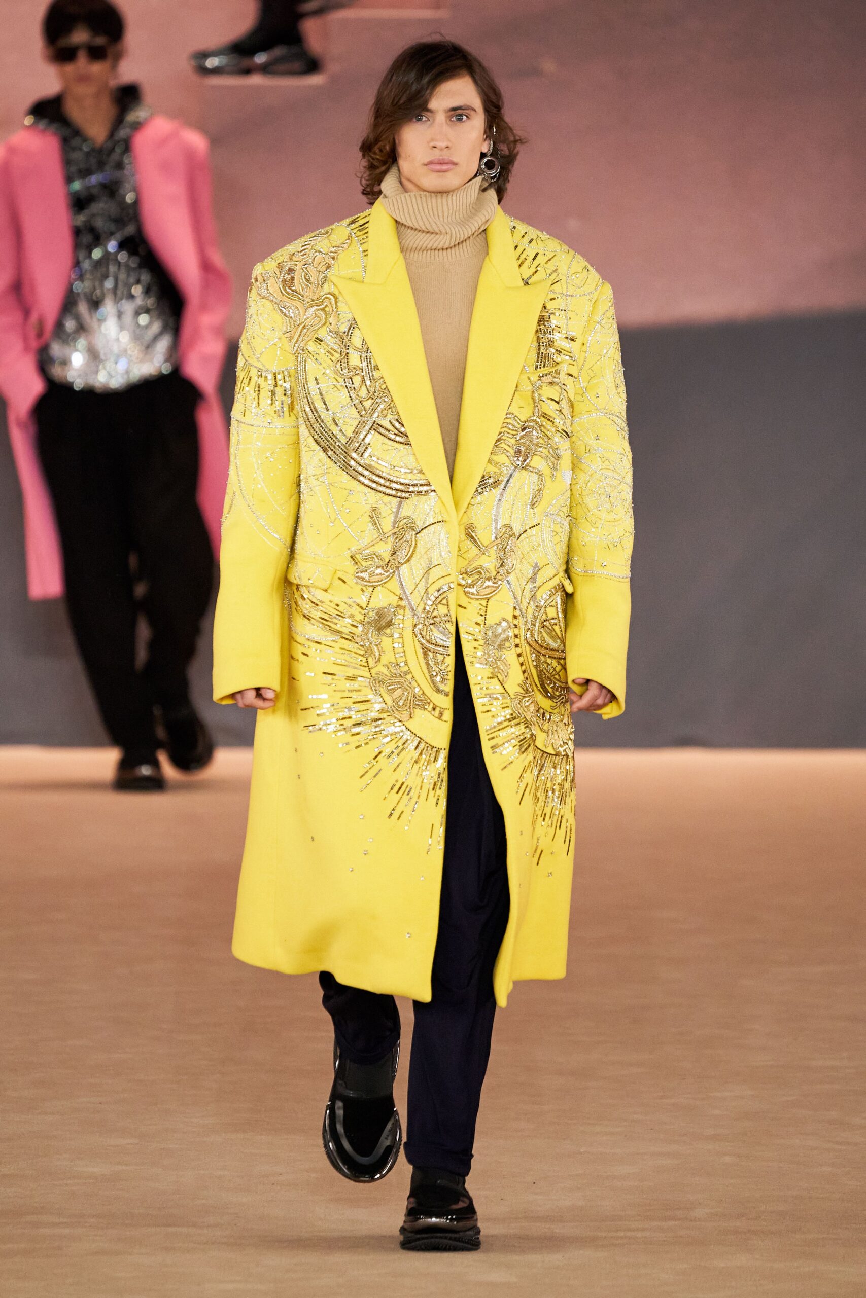 yellow oversized coat with beige turtleneck