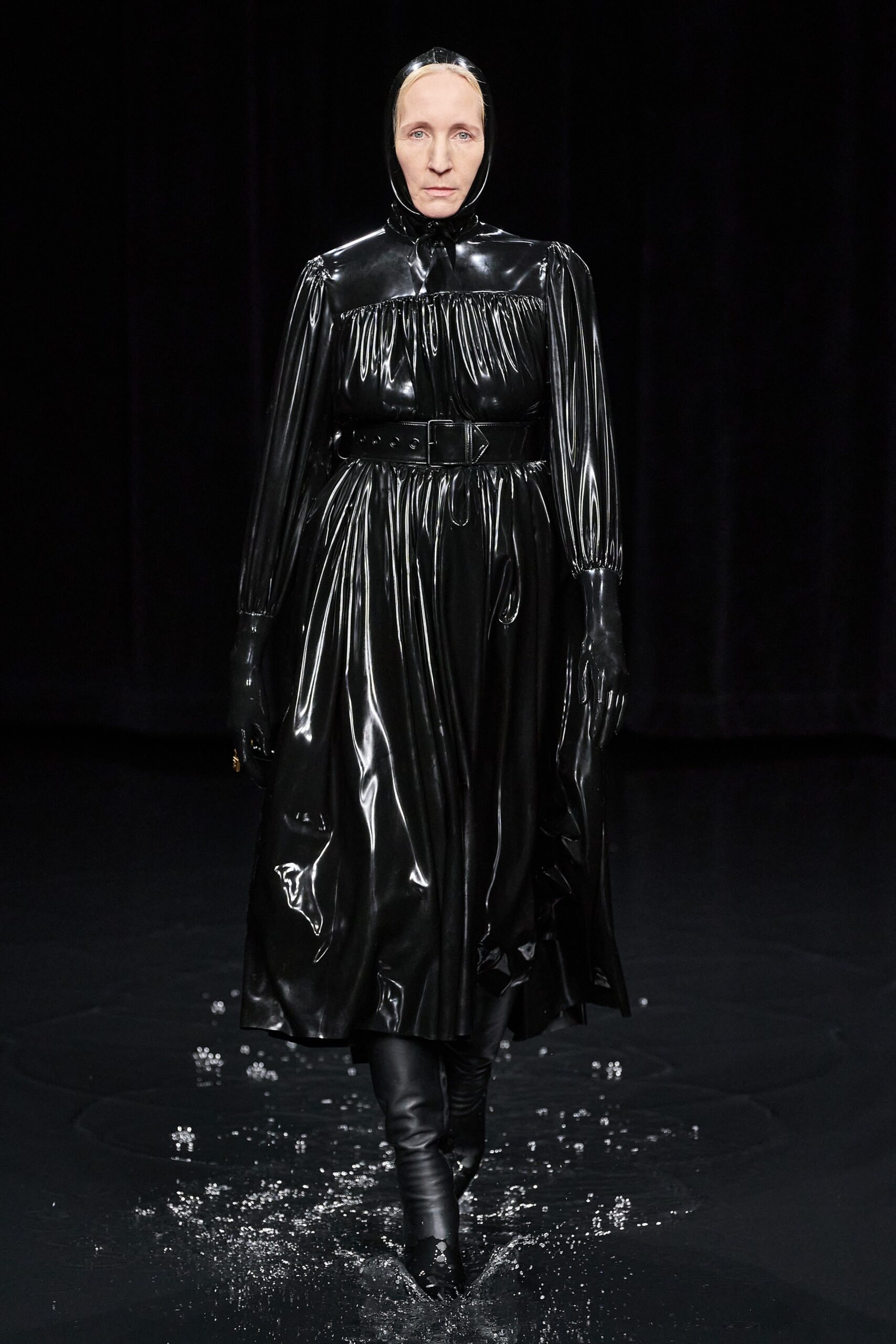 black vinyl long-sleeve collared fitted pleated belted dress