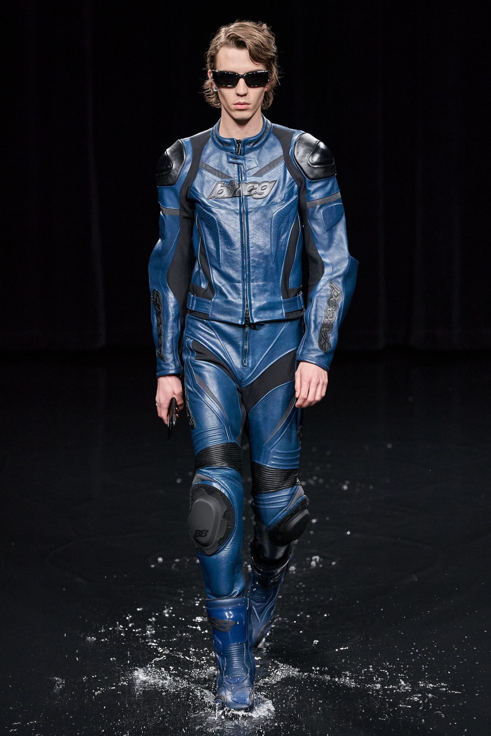 blue leather fitted jumpsuit