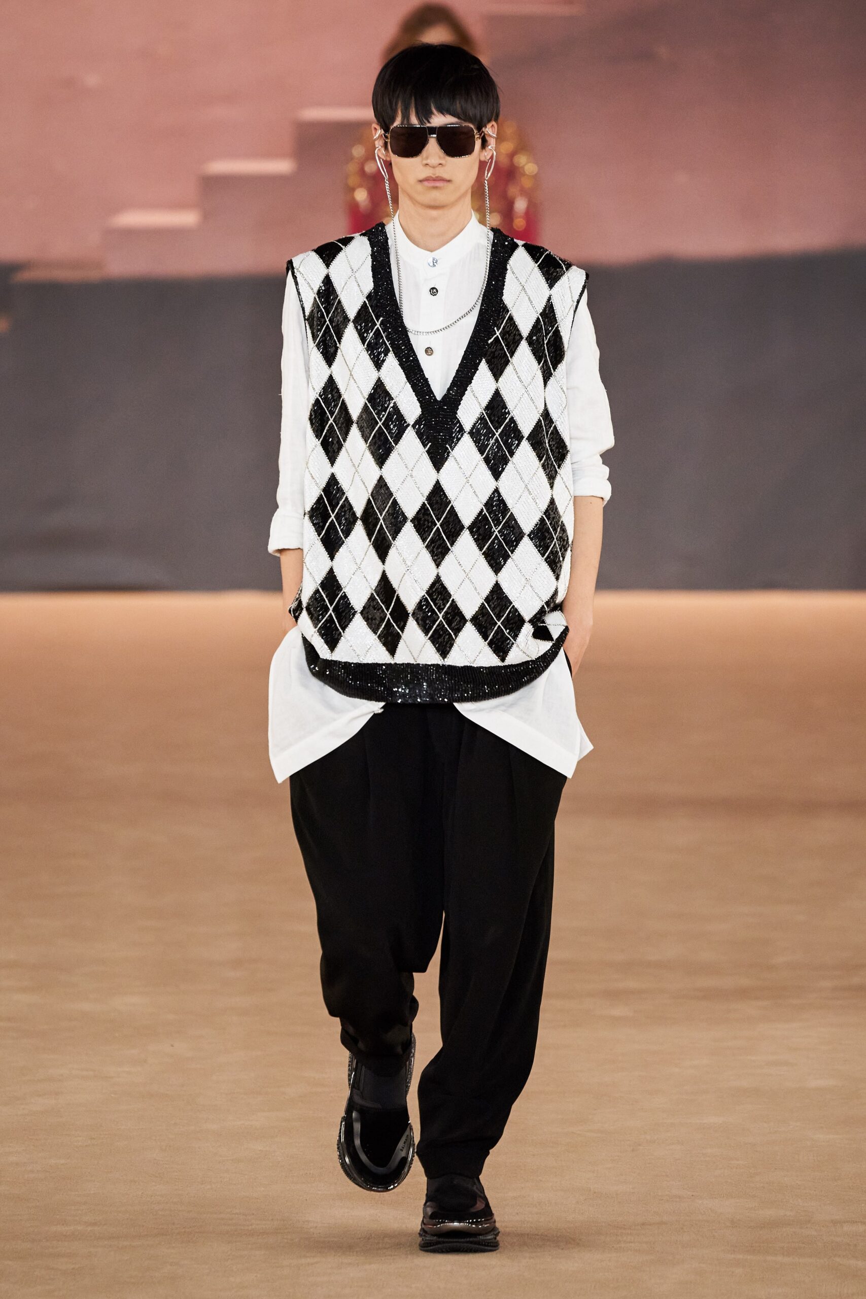 black and white argyle vest