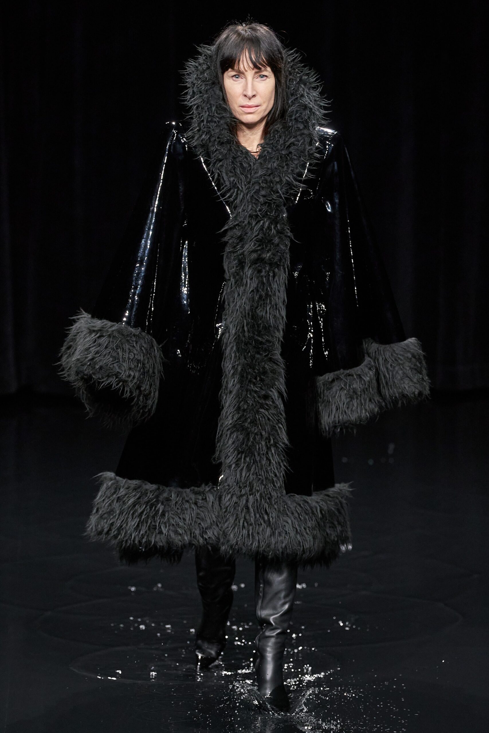 black vinyl long-sleeve collared relaxed layered zippered coat