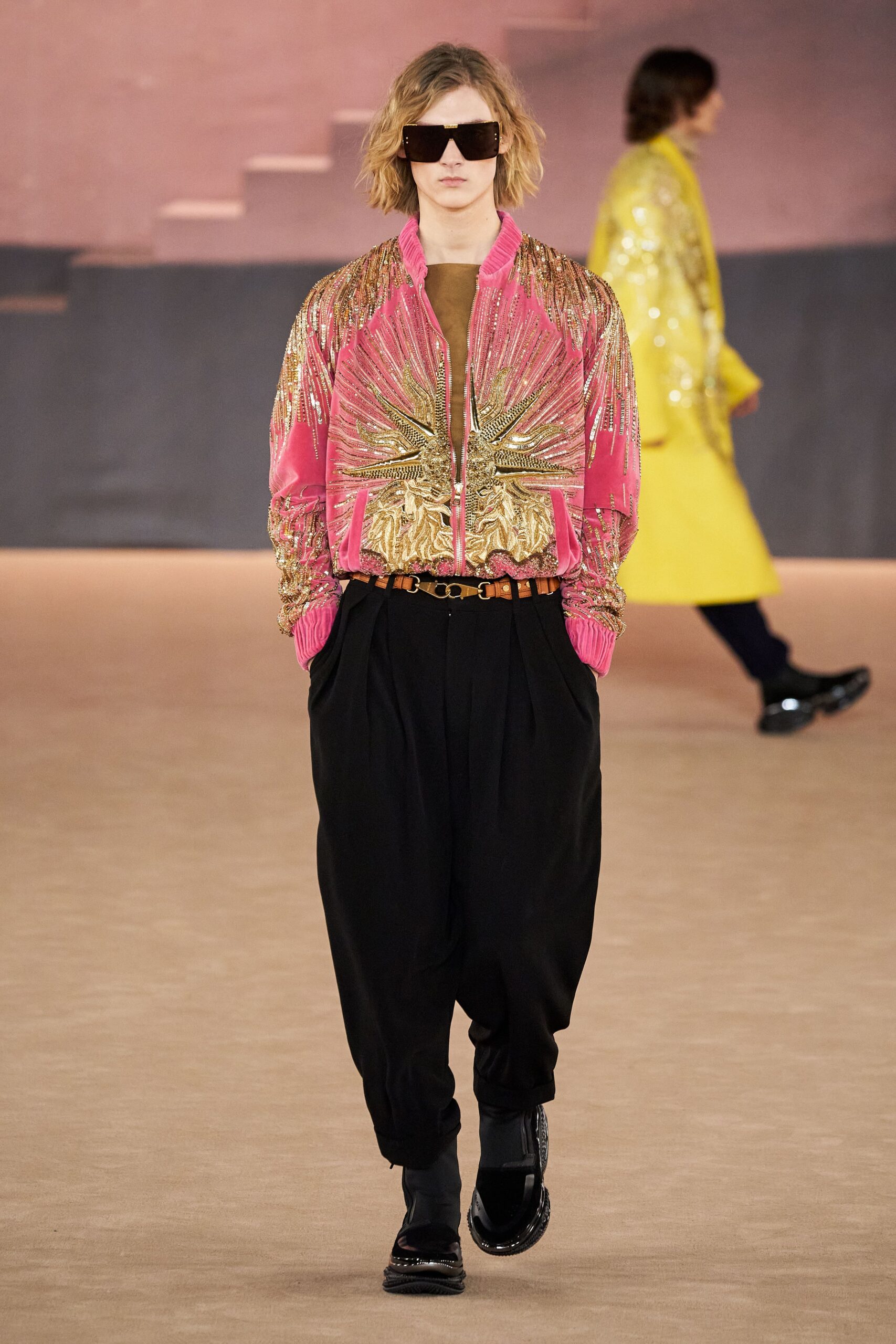 pink silk long-sleeve collared relaxed zippered embellished jacket