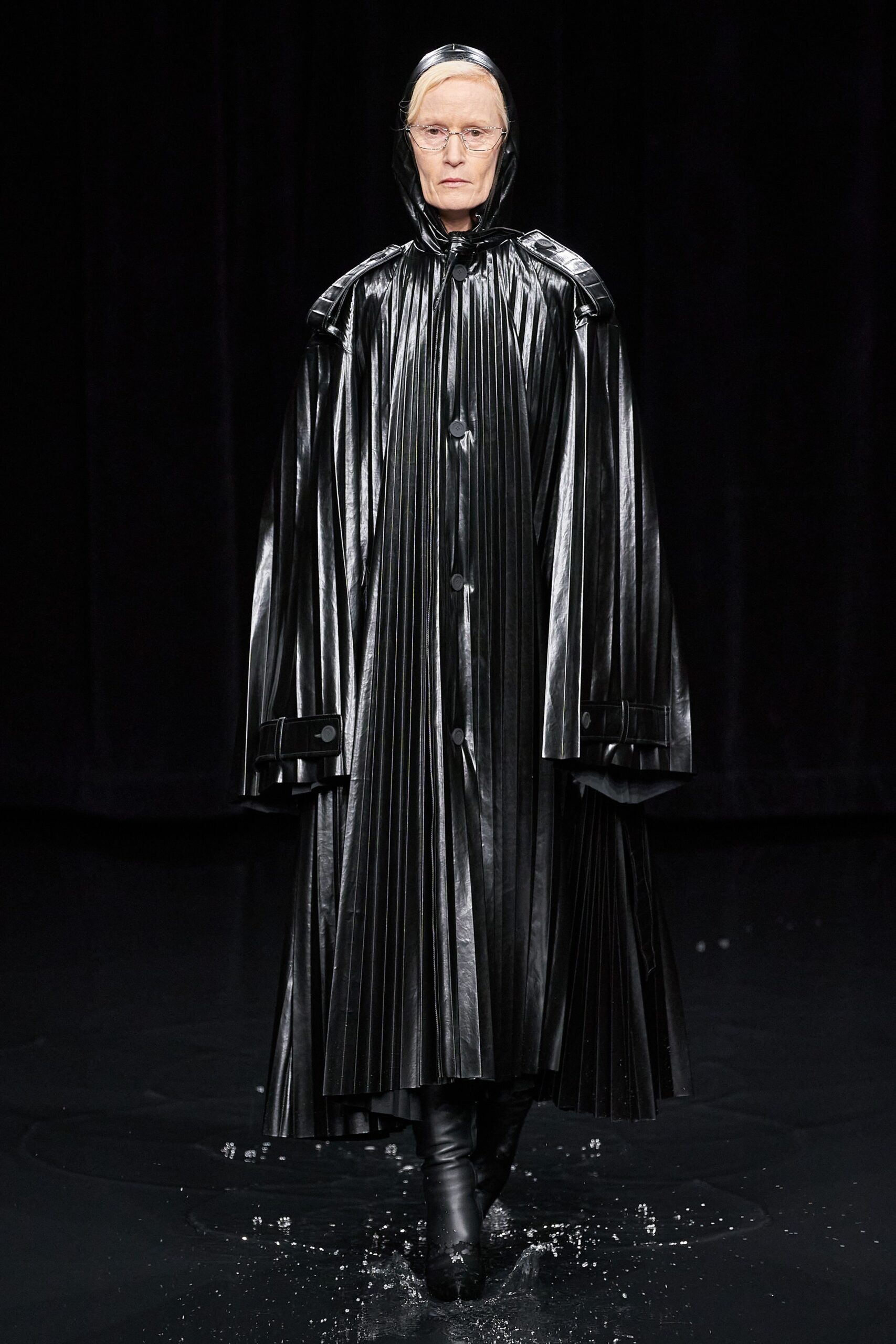 black leather pleated coat