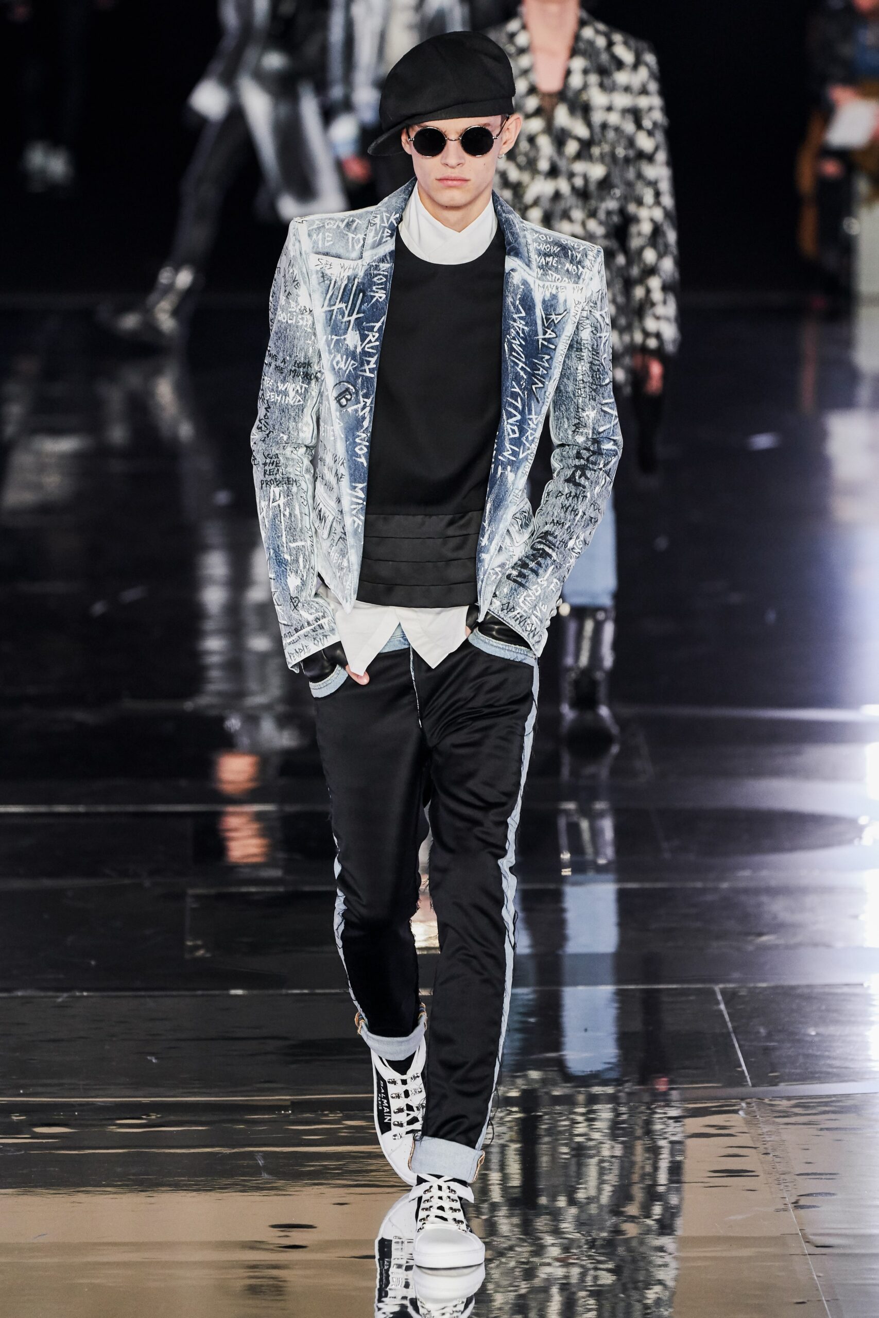 blue printed blazer with black pants