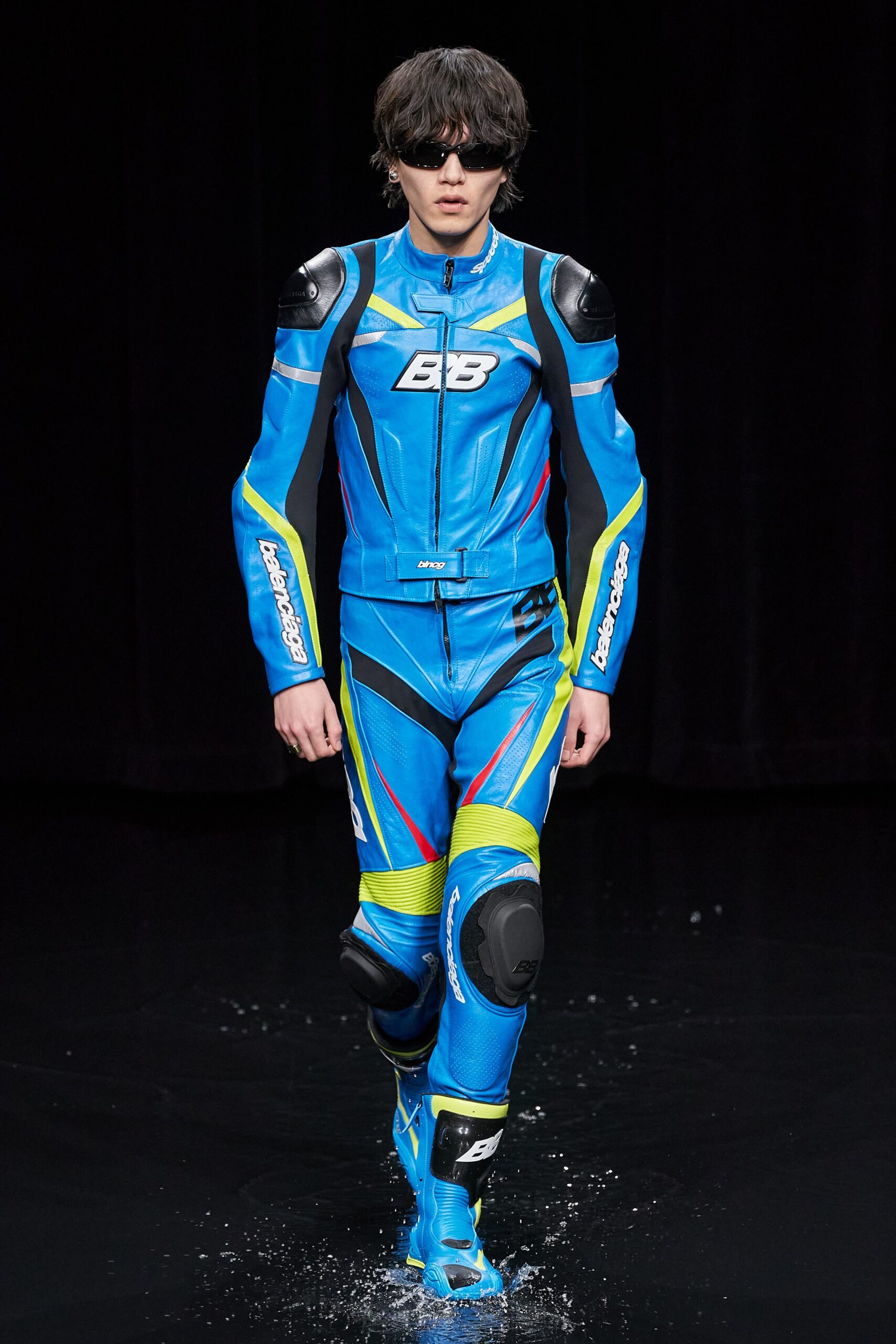 blue leather fitted catsuit