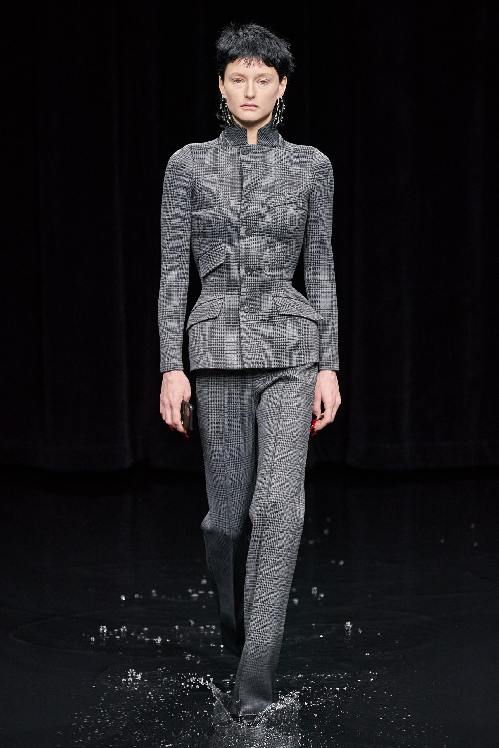 gray tailored suit with checked pattern