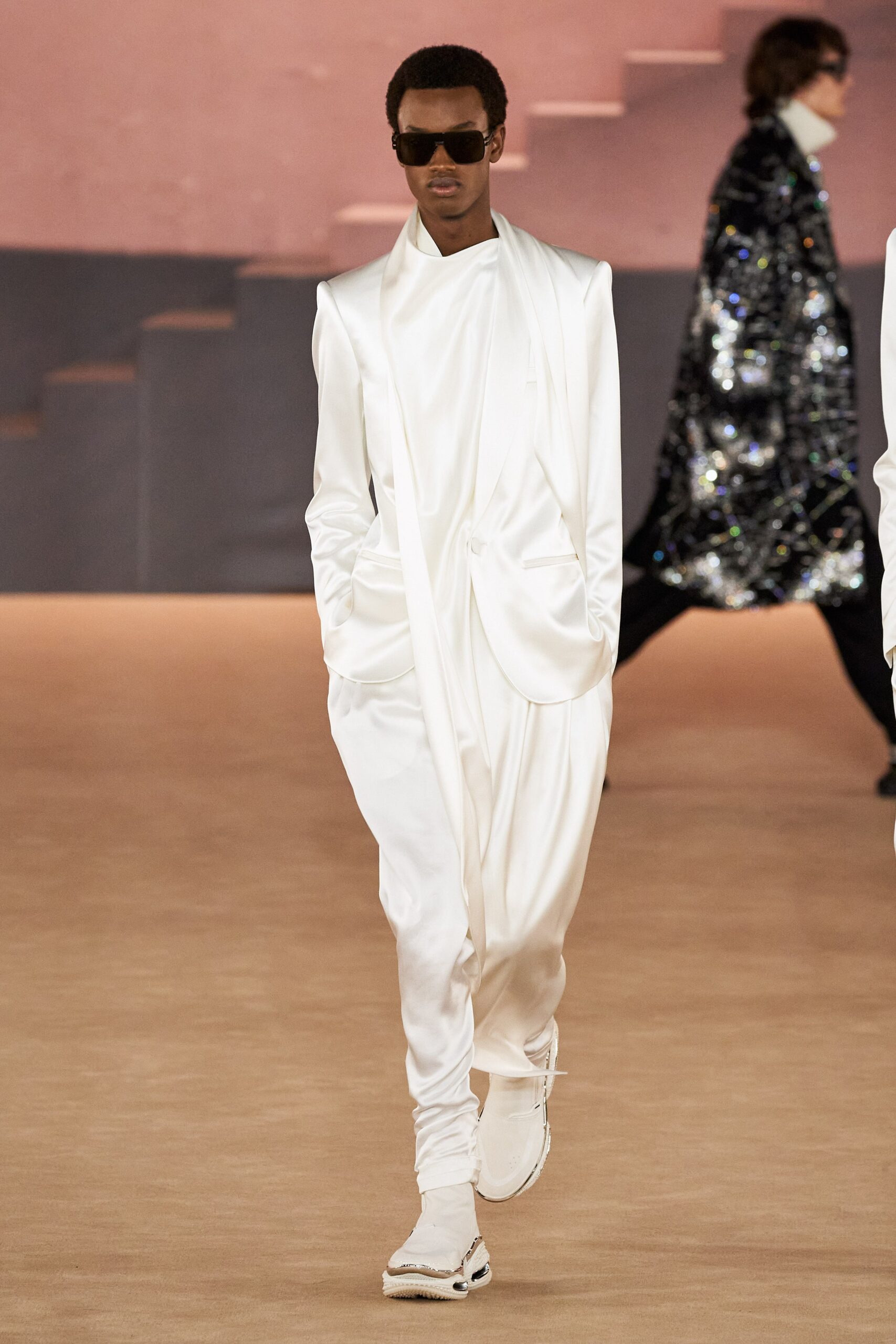 white silk long-sleeve v-neck relaxed draped jumpsuit