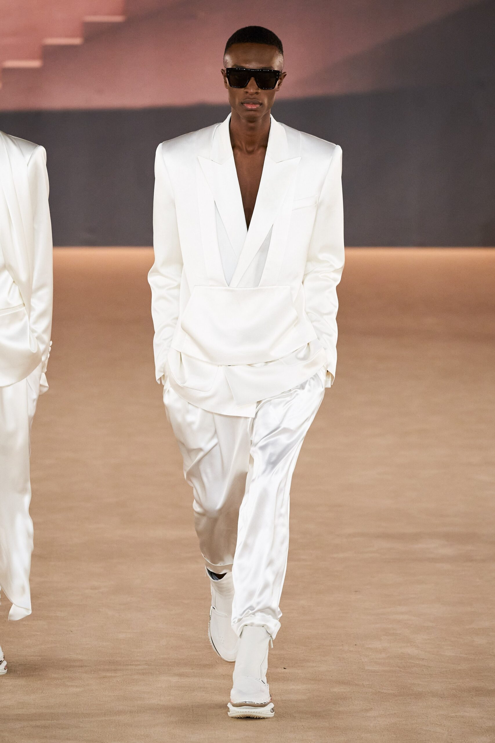 white silk long-sleeve v-neck fitted buttoned shiny suit