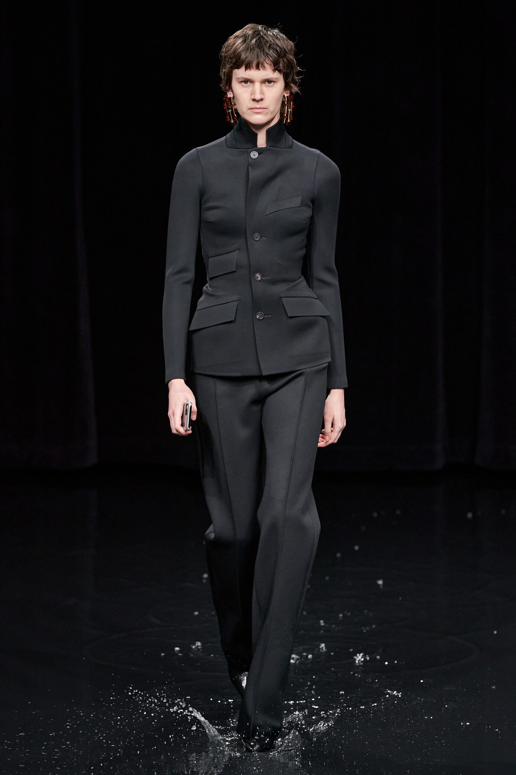 black wool long-sleeve collared tailored structured buttoned suit