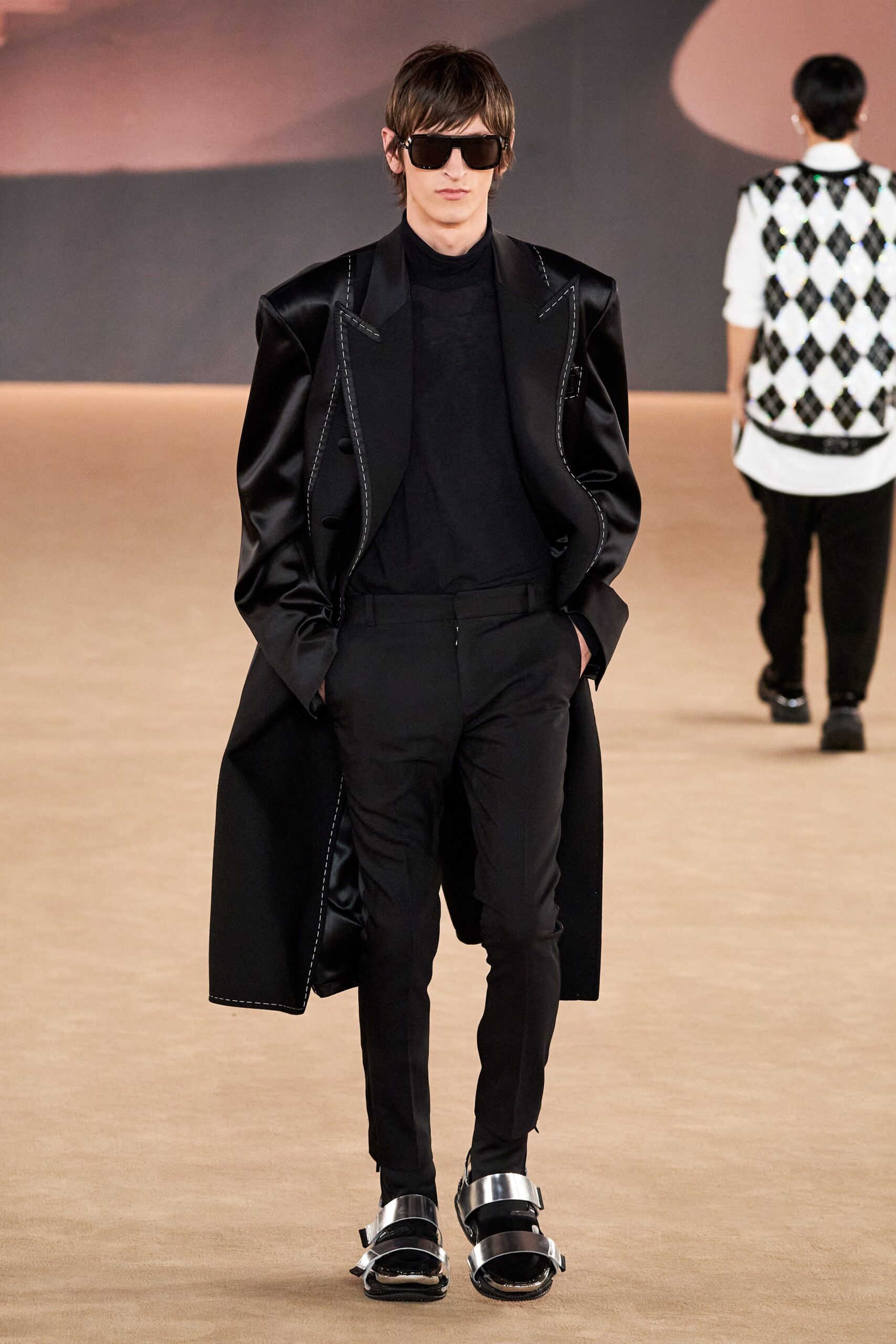 black silk coat with fitted shirt