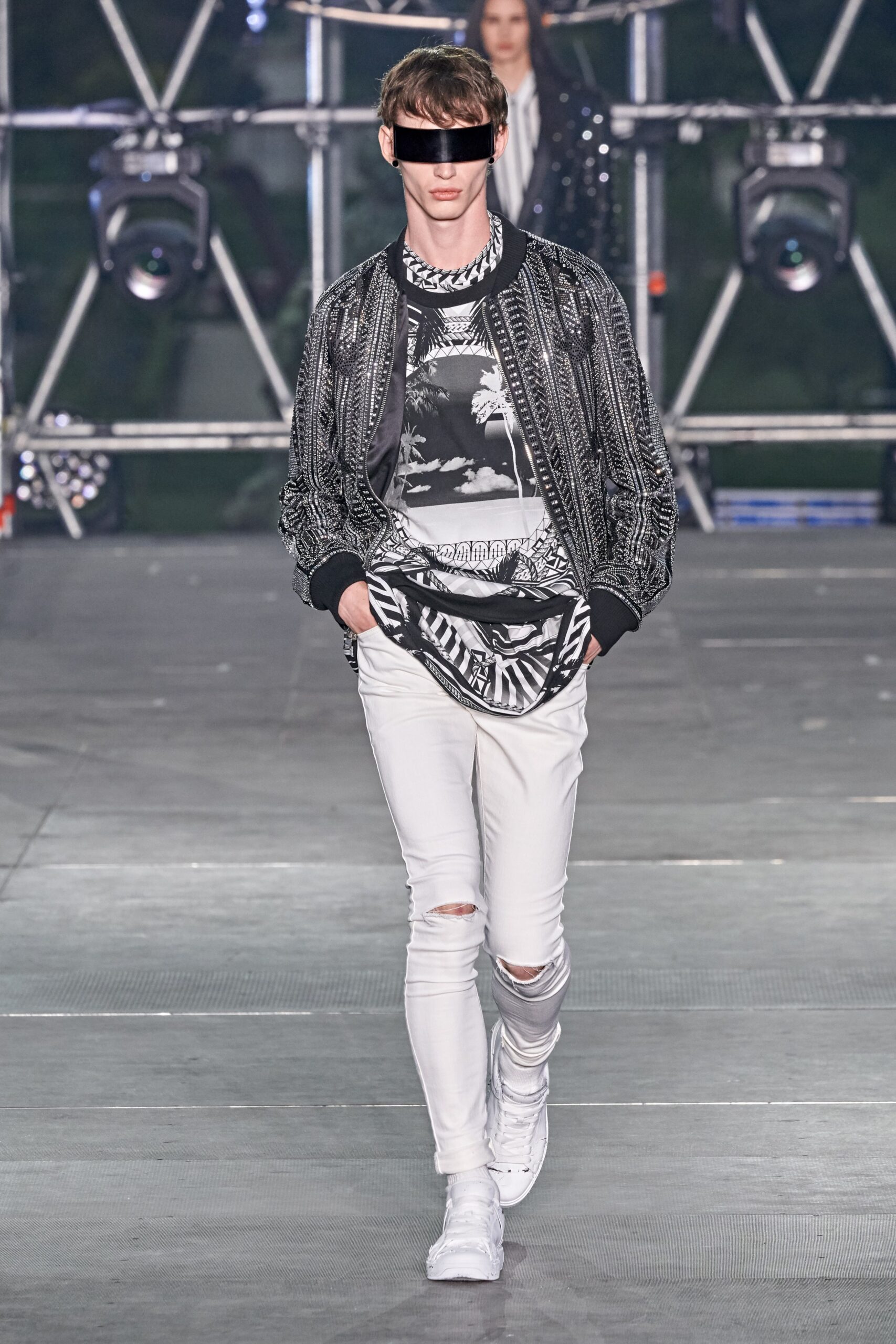 black and white fitted jacket with t-shirt