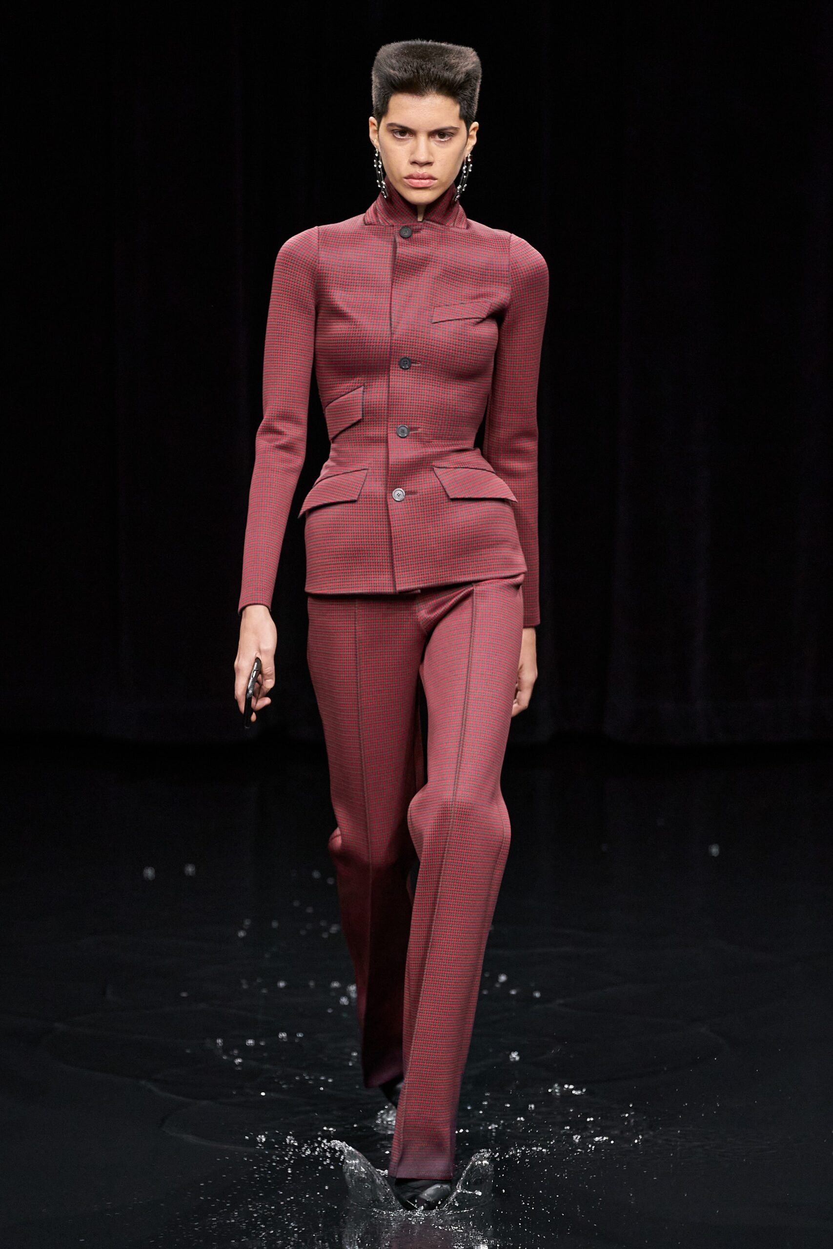 red cotton long-sleeve collared tailored buttoned straight-leg suit