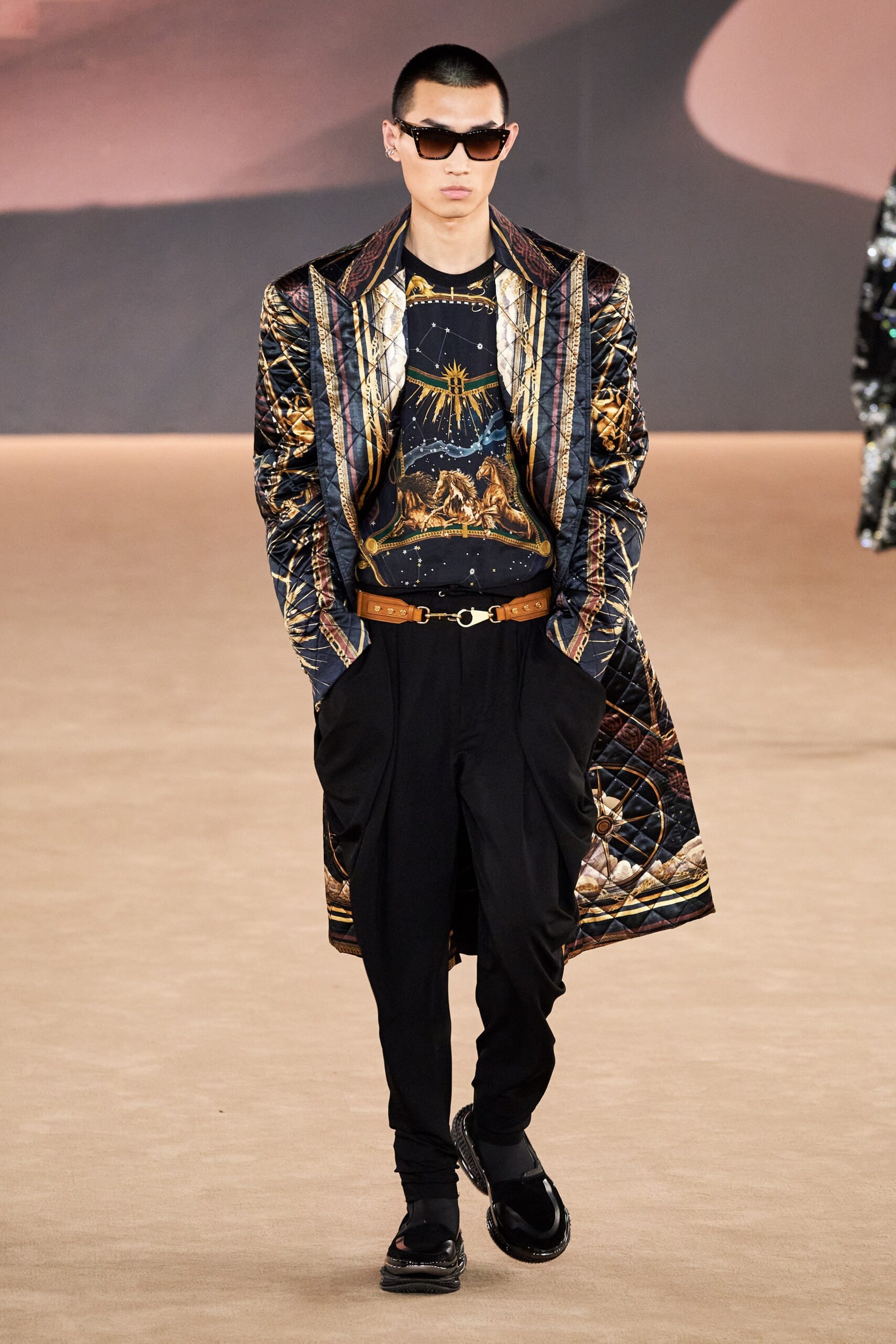 black silk long-sleeve collared relaxed quilted embroidered coat