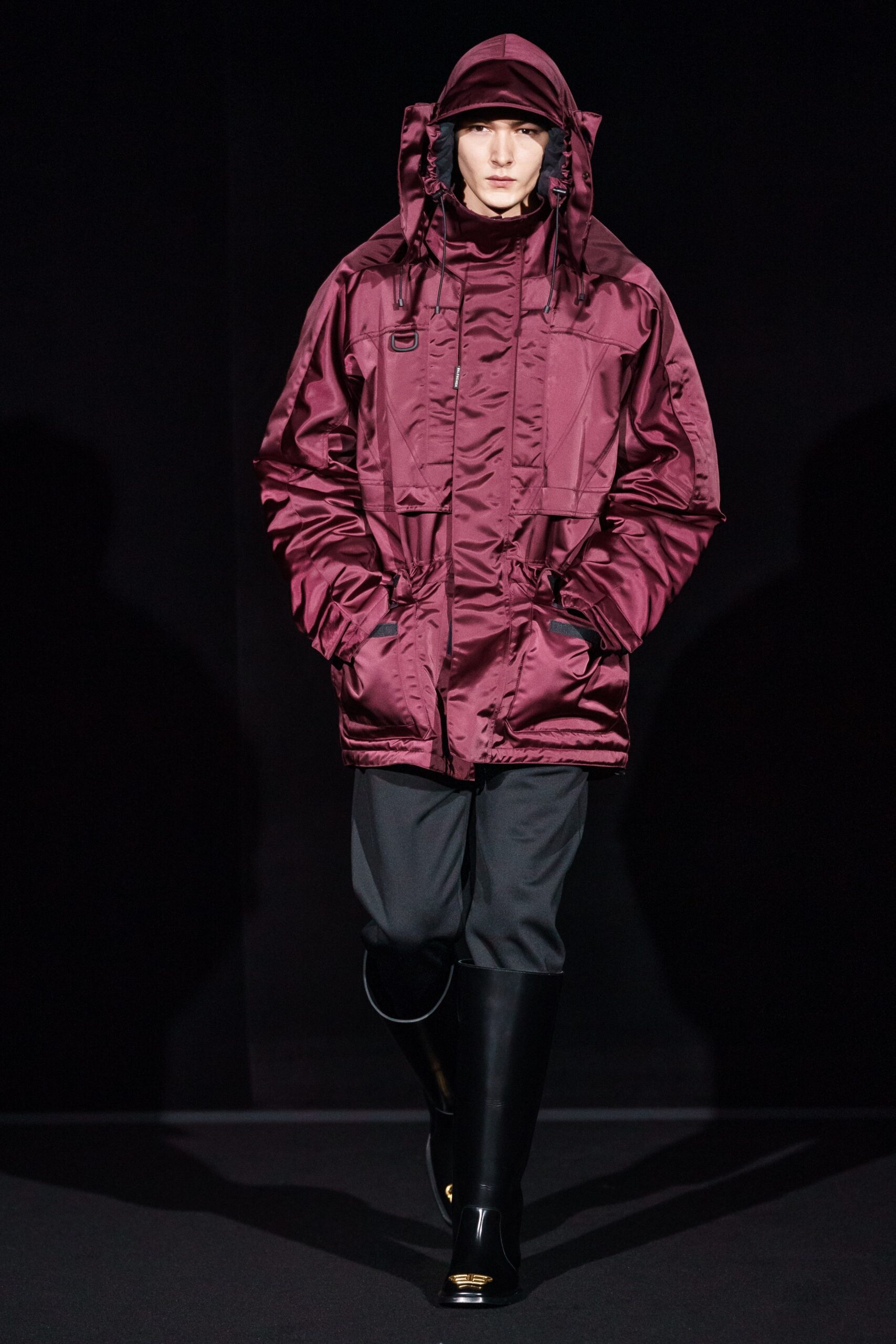 maroon vinyl jacket with black pants