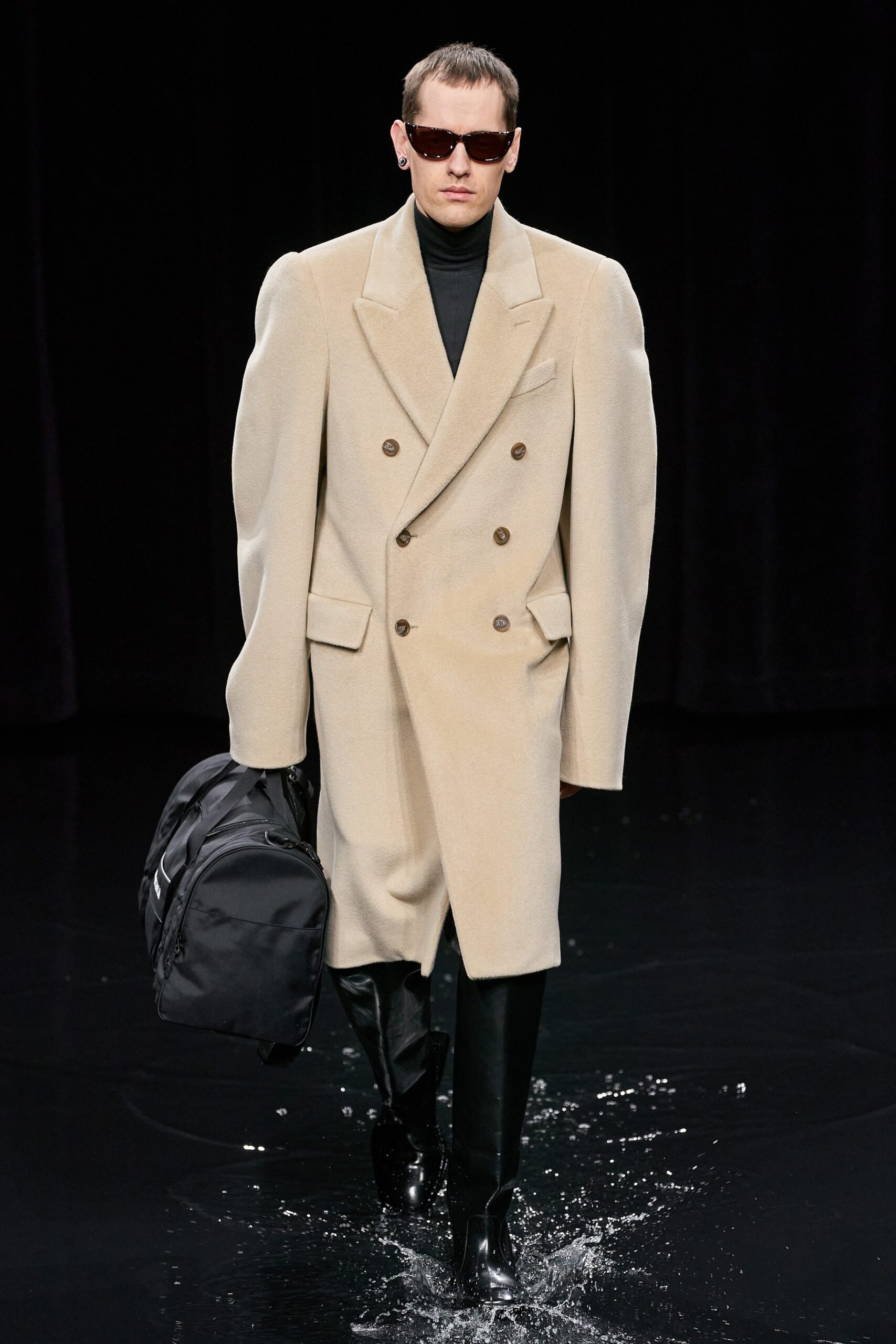 beige wool long-sleeve double-breasted oversized structured coat