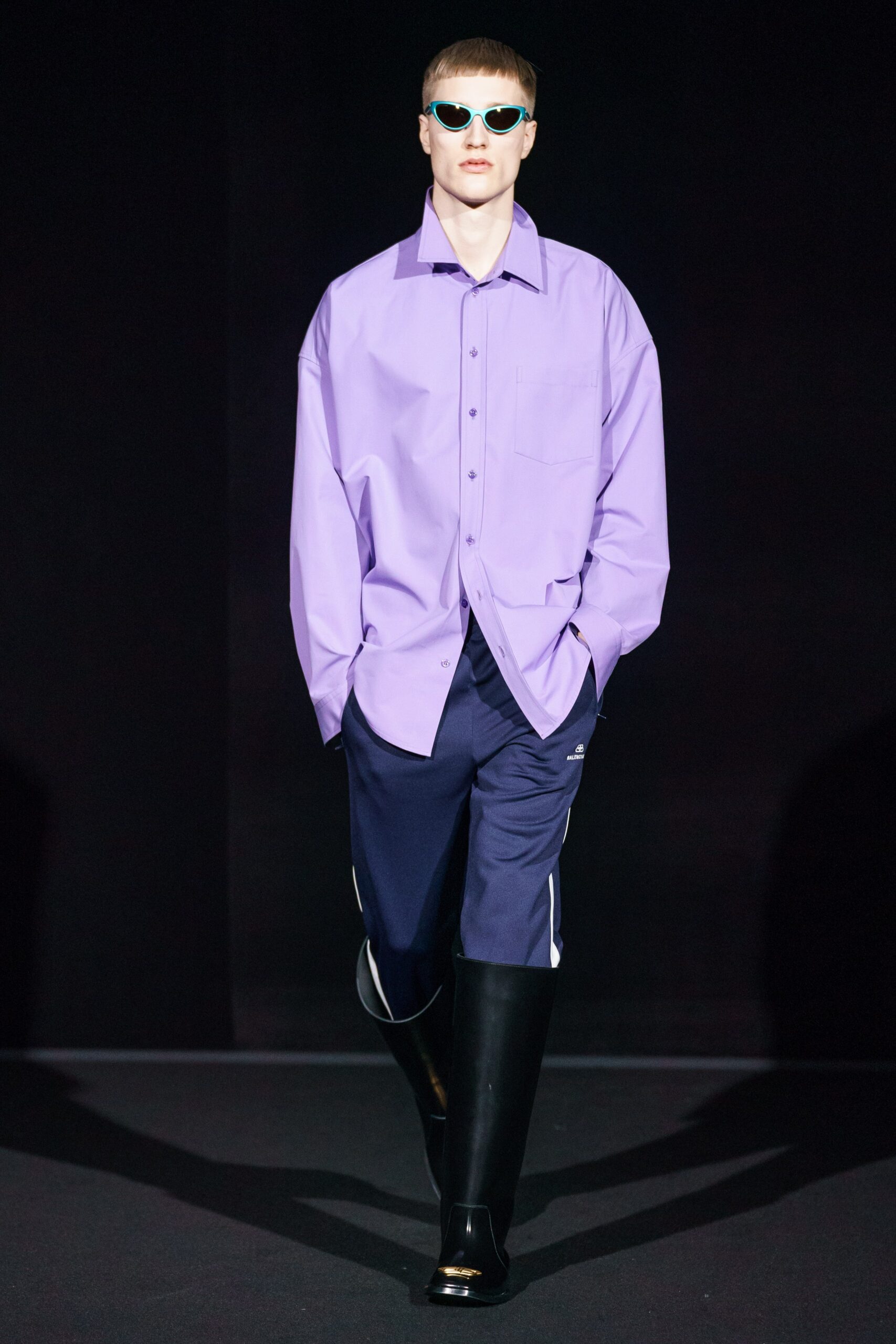 purple relaxed shirt with navy pants